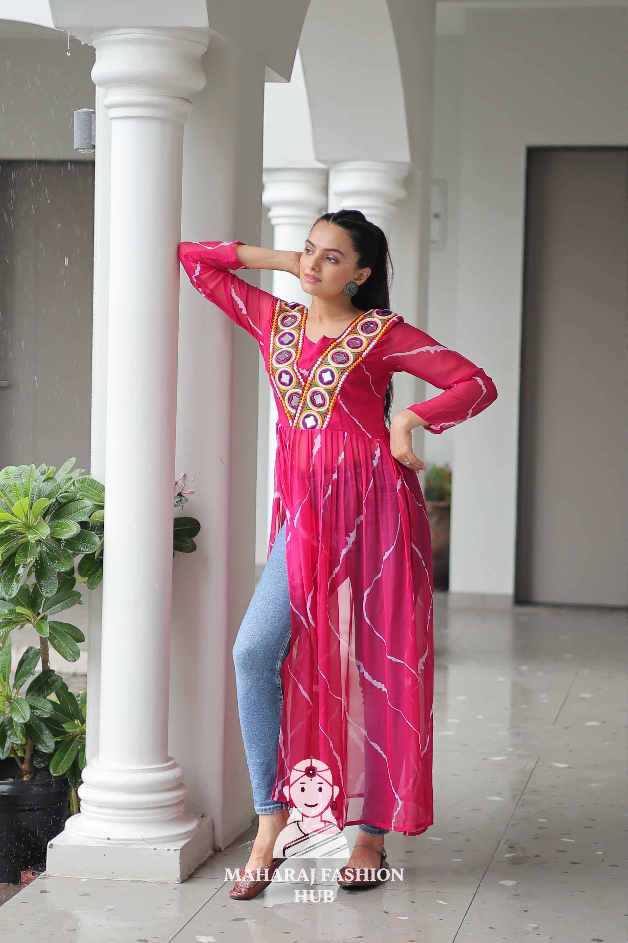 Navratri - Premium Faux Georgette Leheriya Kutchi Patchwork Navratri Kurti 🎶💃