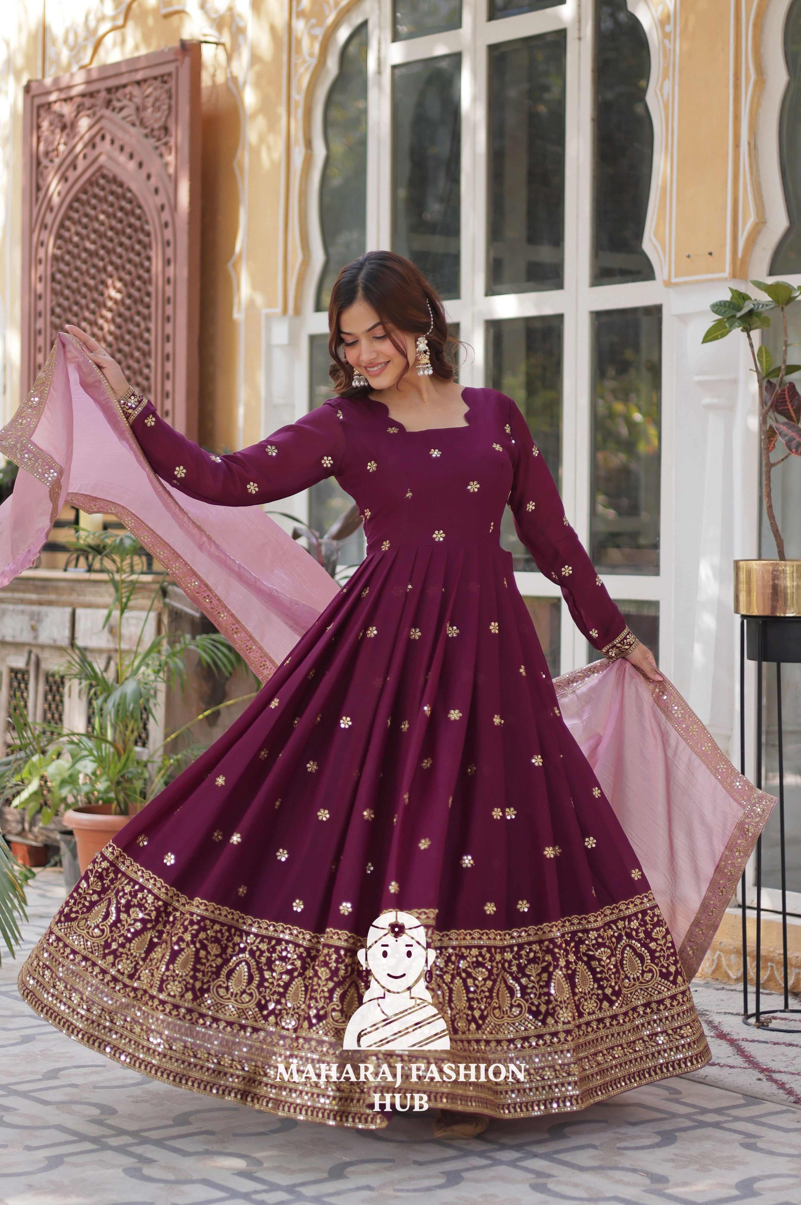 🧵 Full-Sleeve Gown in Star Georgette with Fancy Finish - Special Designer Gown
