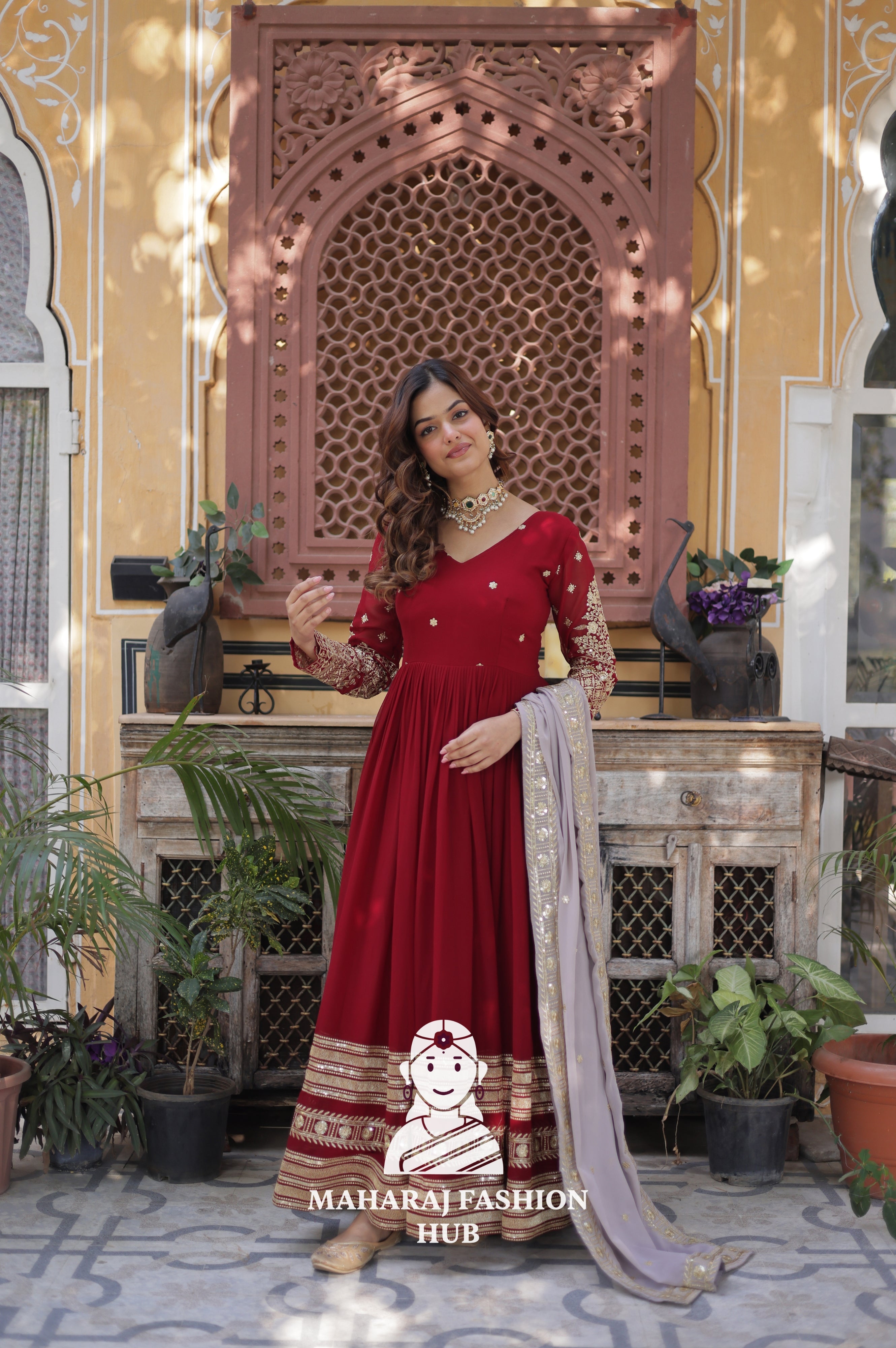 💃 Fancy V-Neck Gown with Sequins Detailing & Designer Lace - Special Designer Gown