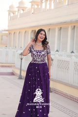 Faux Blooming Special Designer Gown with Cut-Work Sleeves & Canvas Stitching