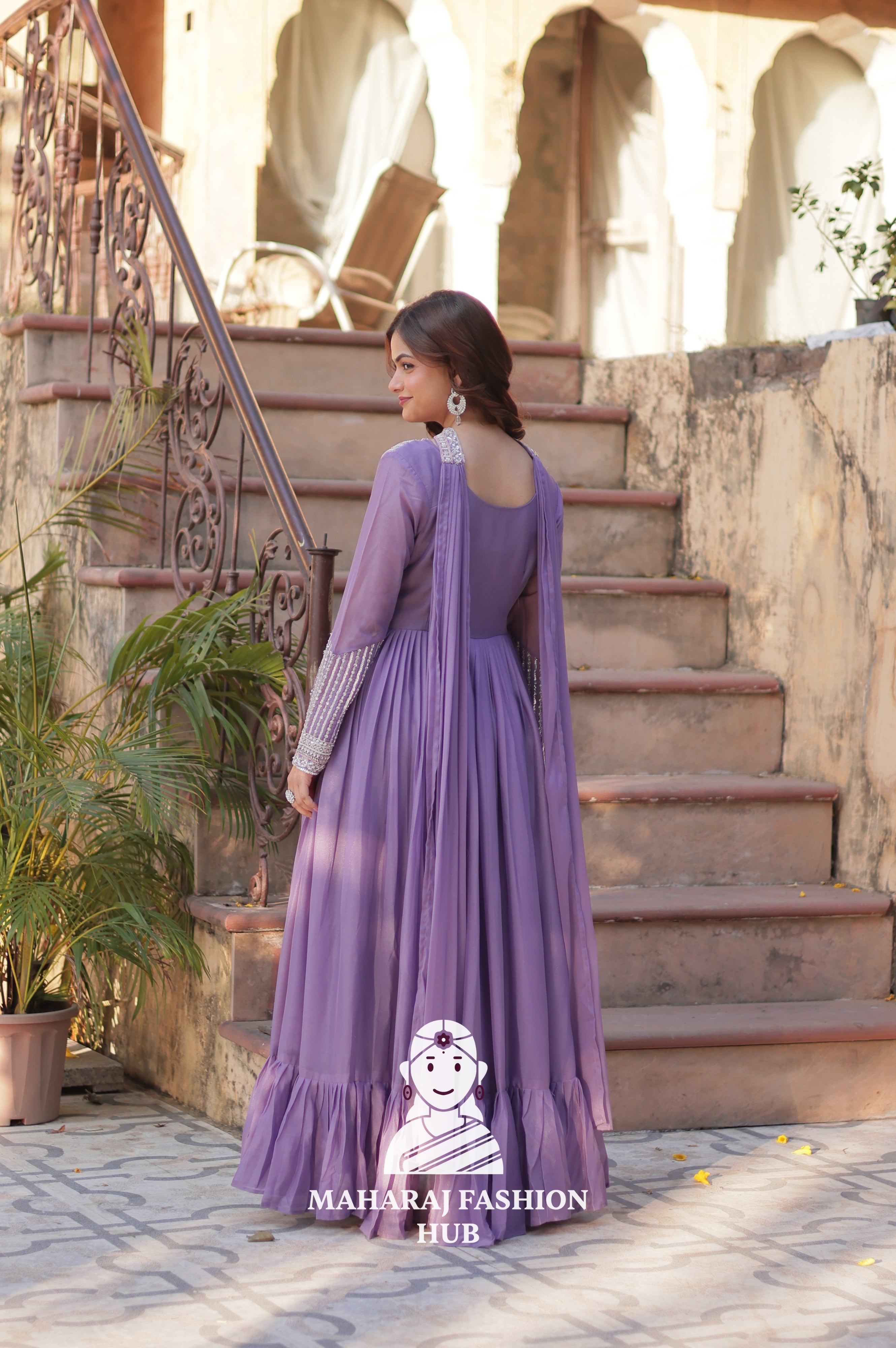 🧵 Star Georgette Gown with Heavy Work & 5 M Flair Grandeur - Special Designer Gown
