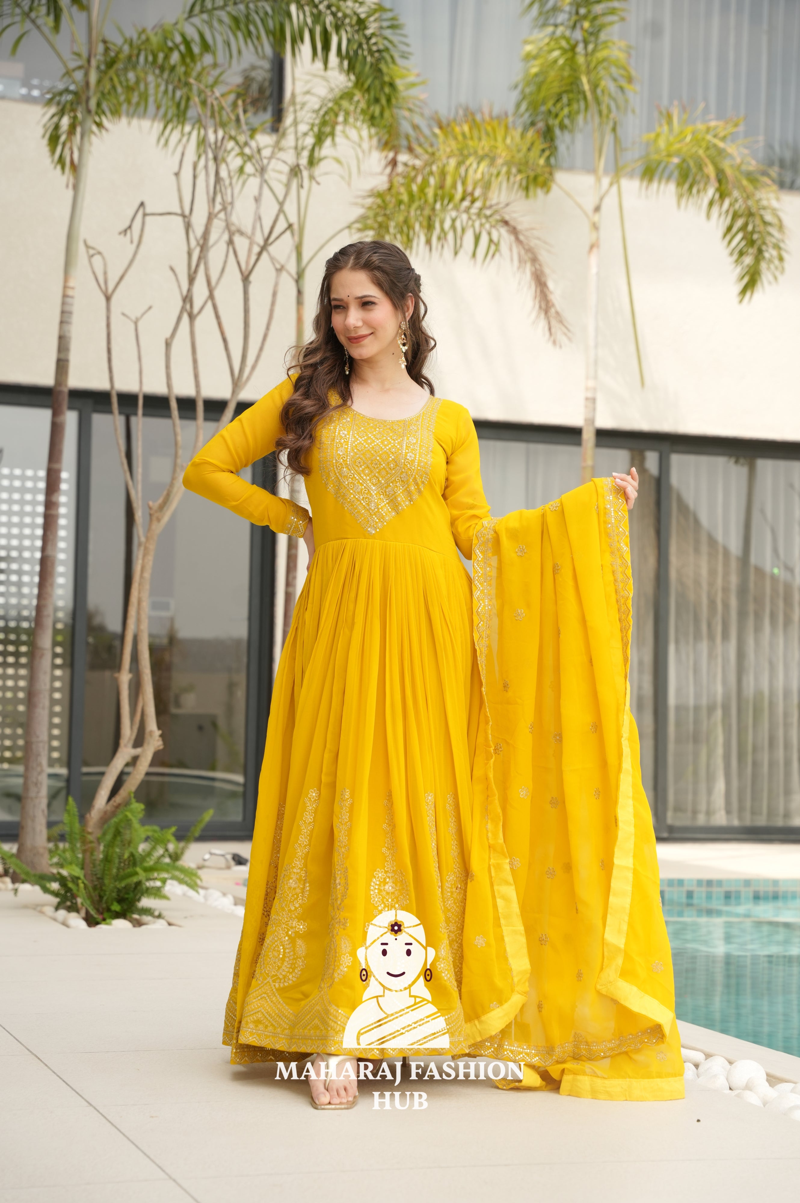 🌸 Classic Round Neck Ethnic Gown with Sequins Embroidery - Special Designer Gown