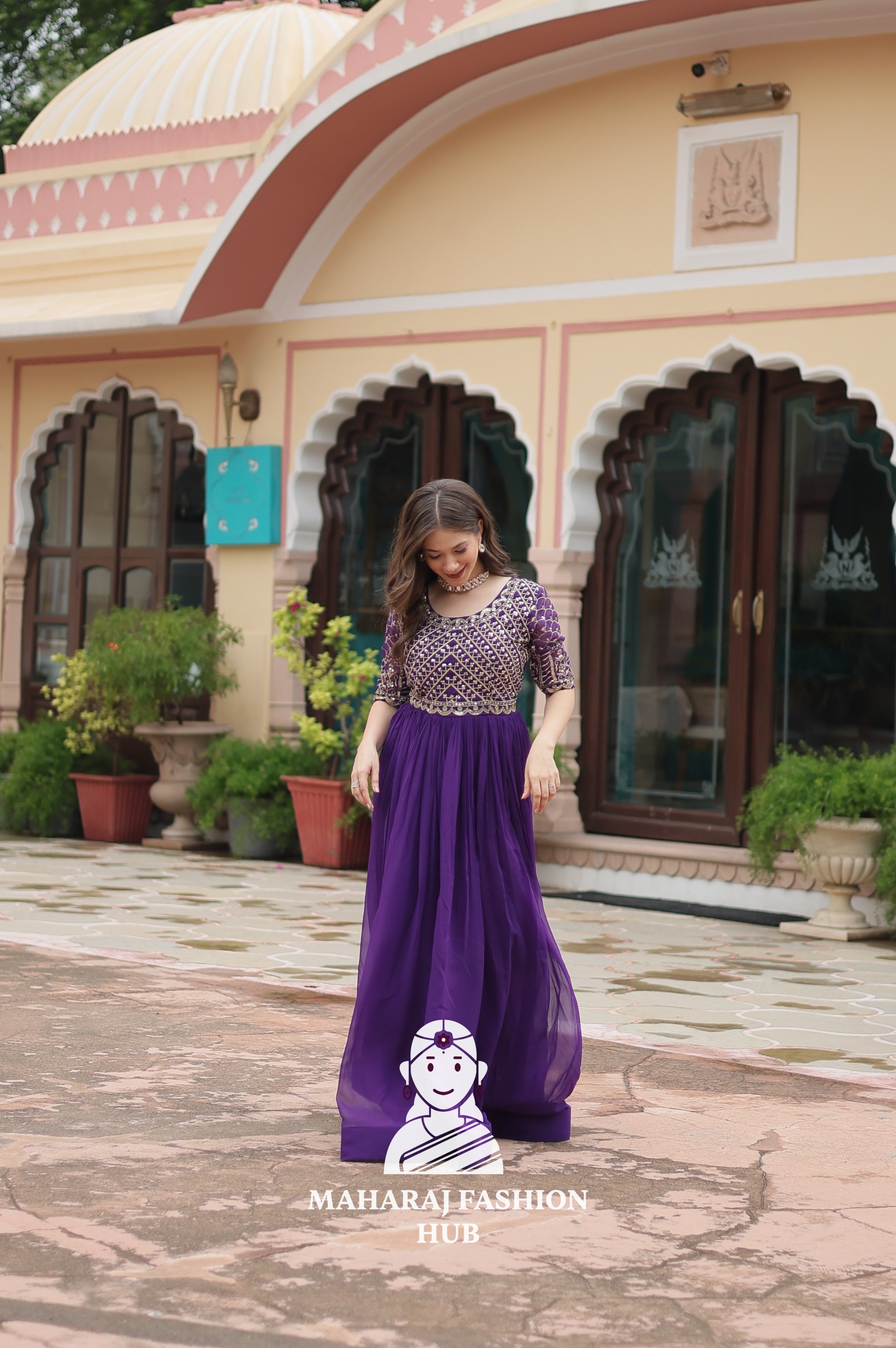 Designer Faux Blooming Gown with Zari Sequins Detailing