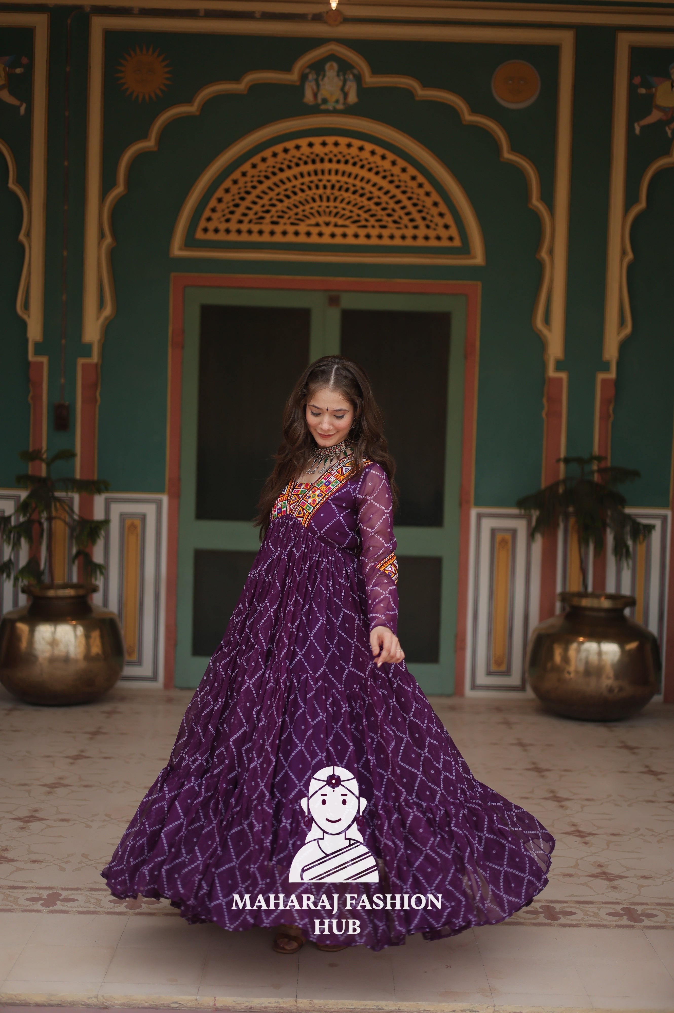 Faux Georgette Gown with Kutchi Patch and Bandhani Artistry