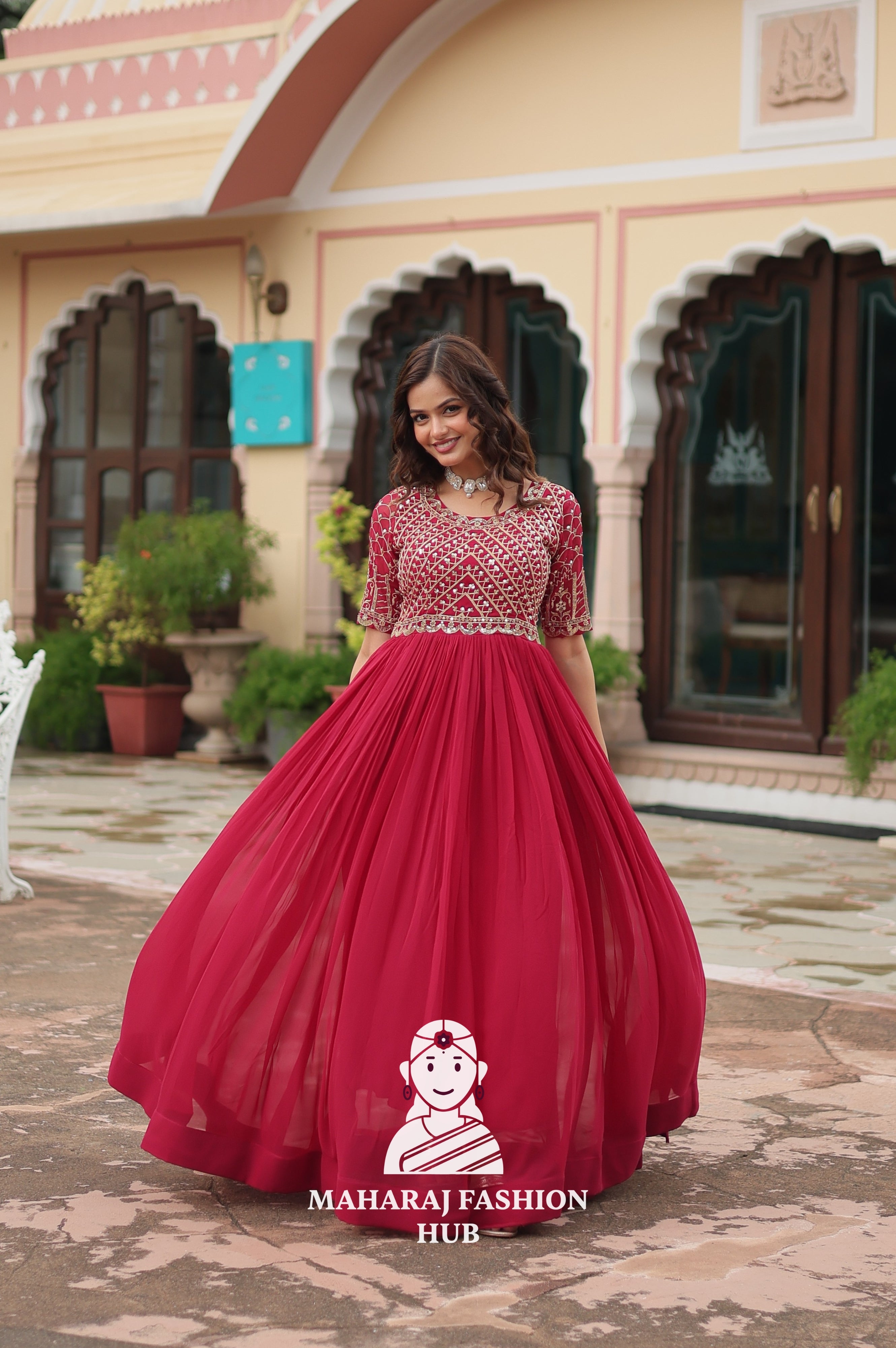 Beautiful Embroidered Faux Blooming Gown with Cotton Lining
