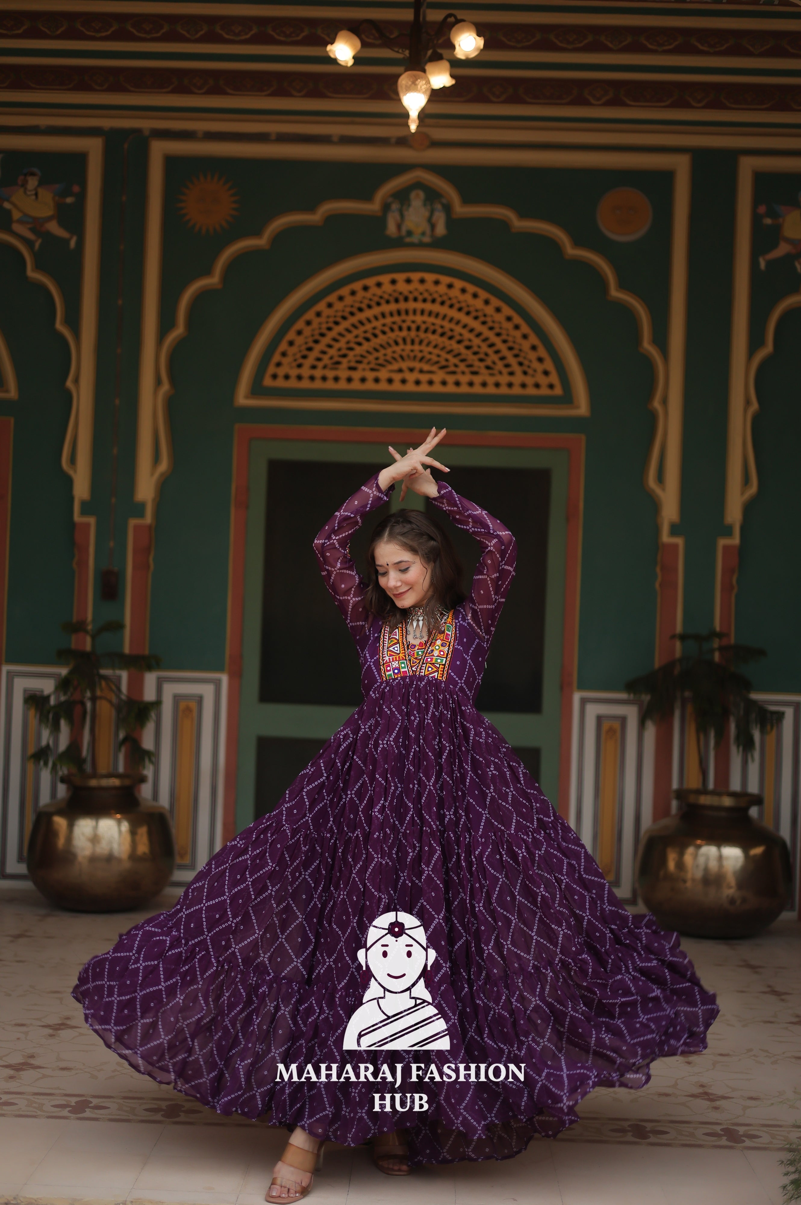 Faux Georgette Gown with Kutchi Patch and Bandhani Artistry