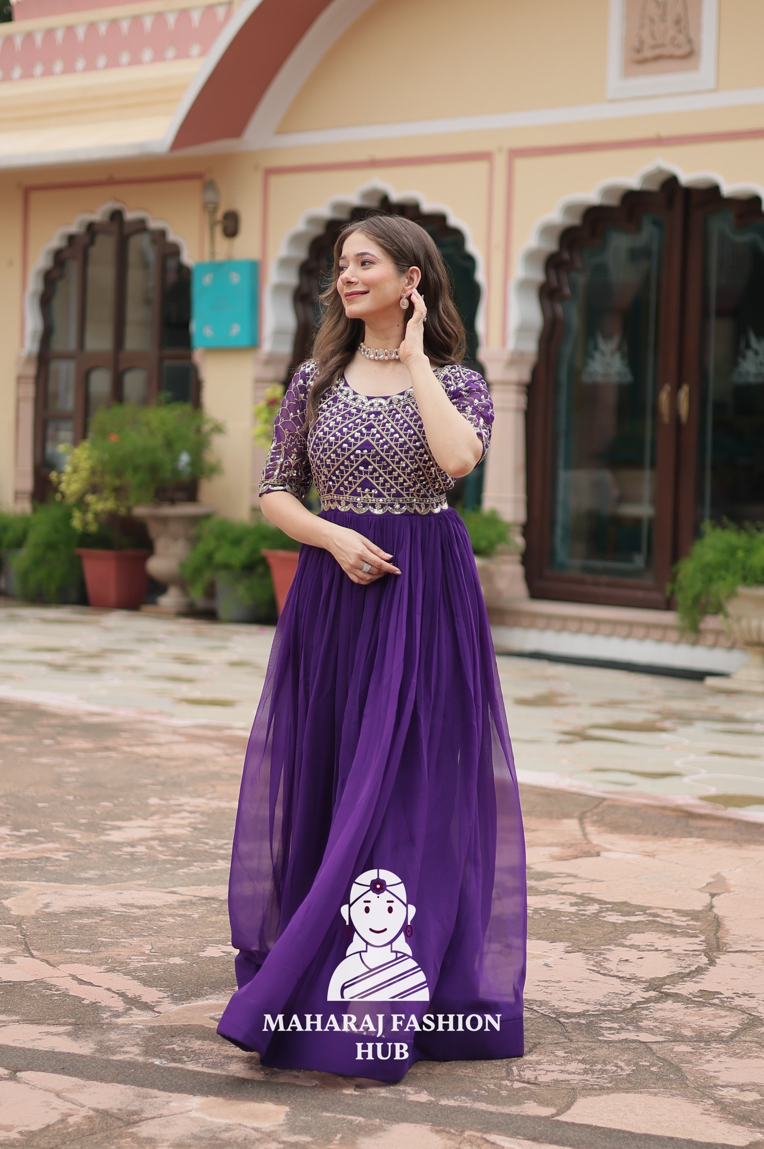 Designer Faux Blooming Gown with Zari Sequins Detailing