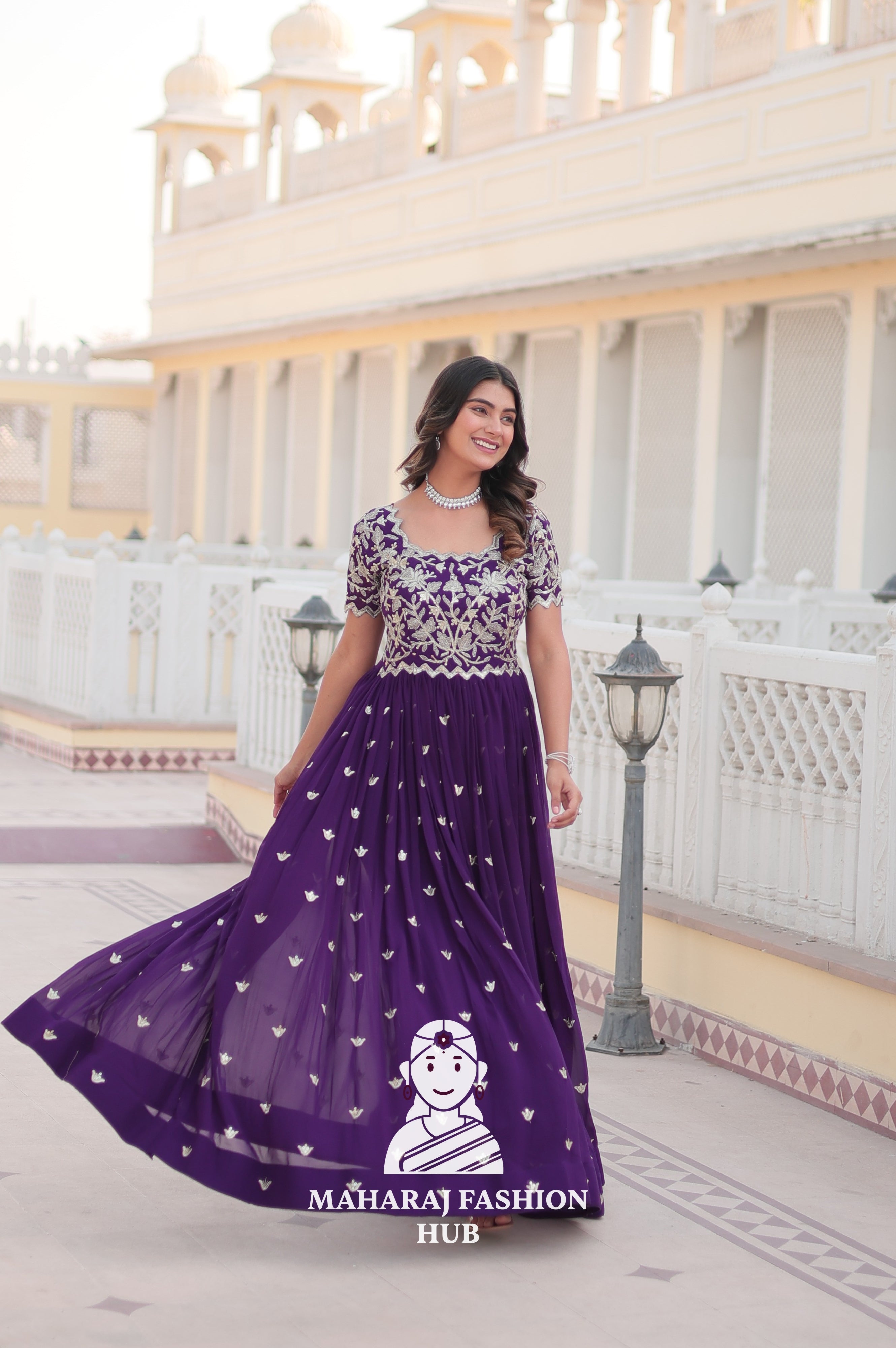 Faux Blooming Special Designer Gown with Cut-Work Sleeves & Canvas Stitching
