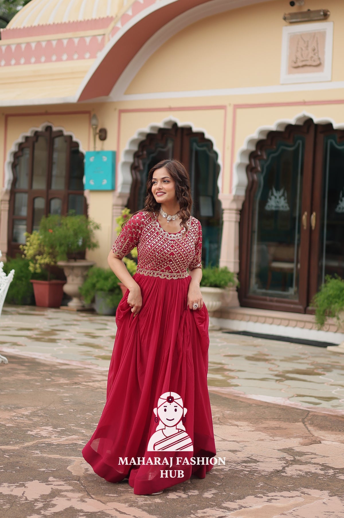 Beautiful Embroidered Faux Blooming Gown with Cotton Lining