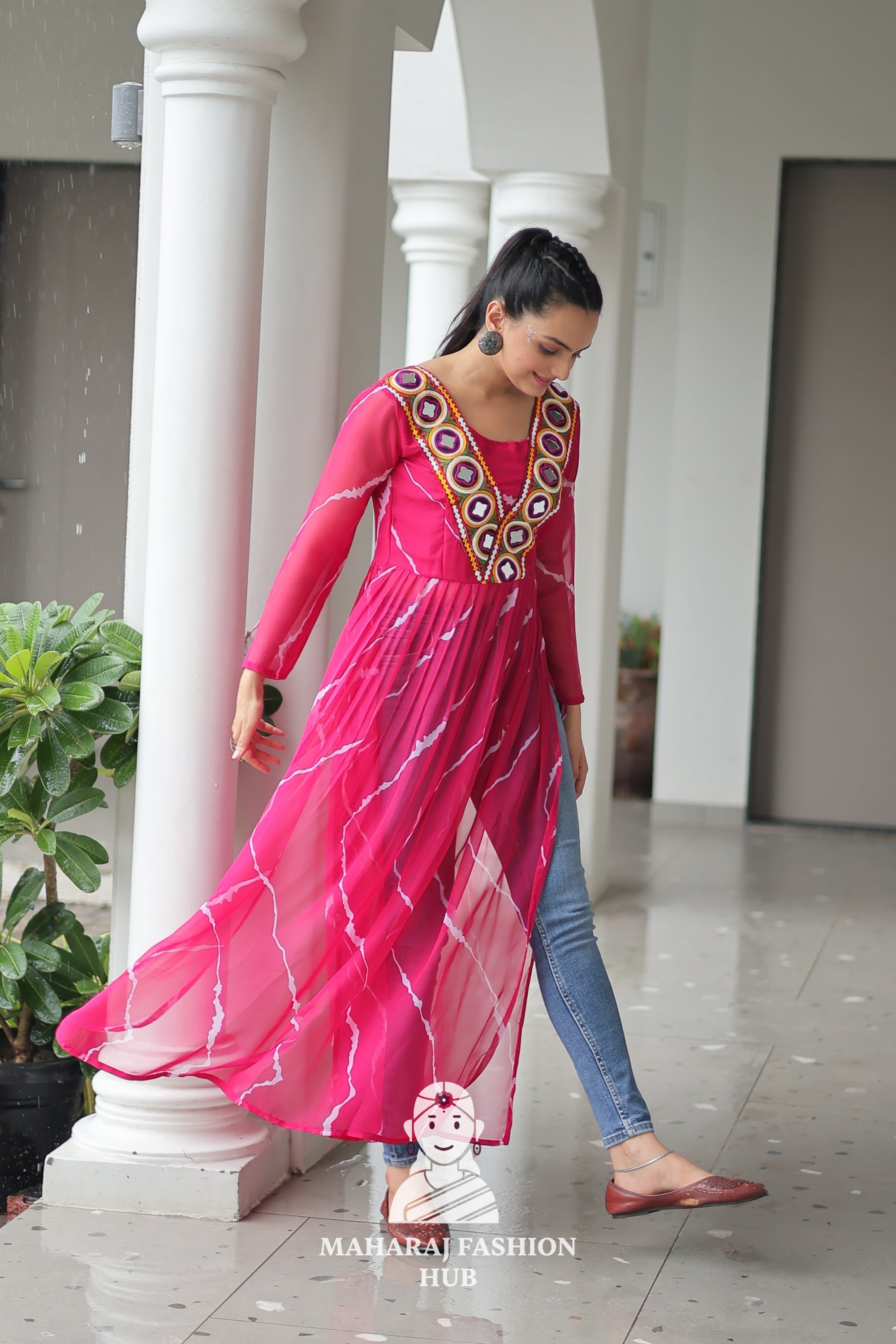 Navratri - Premium Faux Georgette Leheriya Kutchi Patchwork Navratri Kurti 🎶💃
