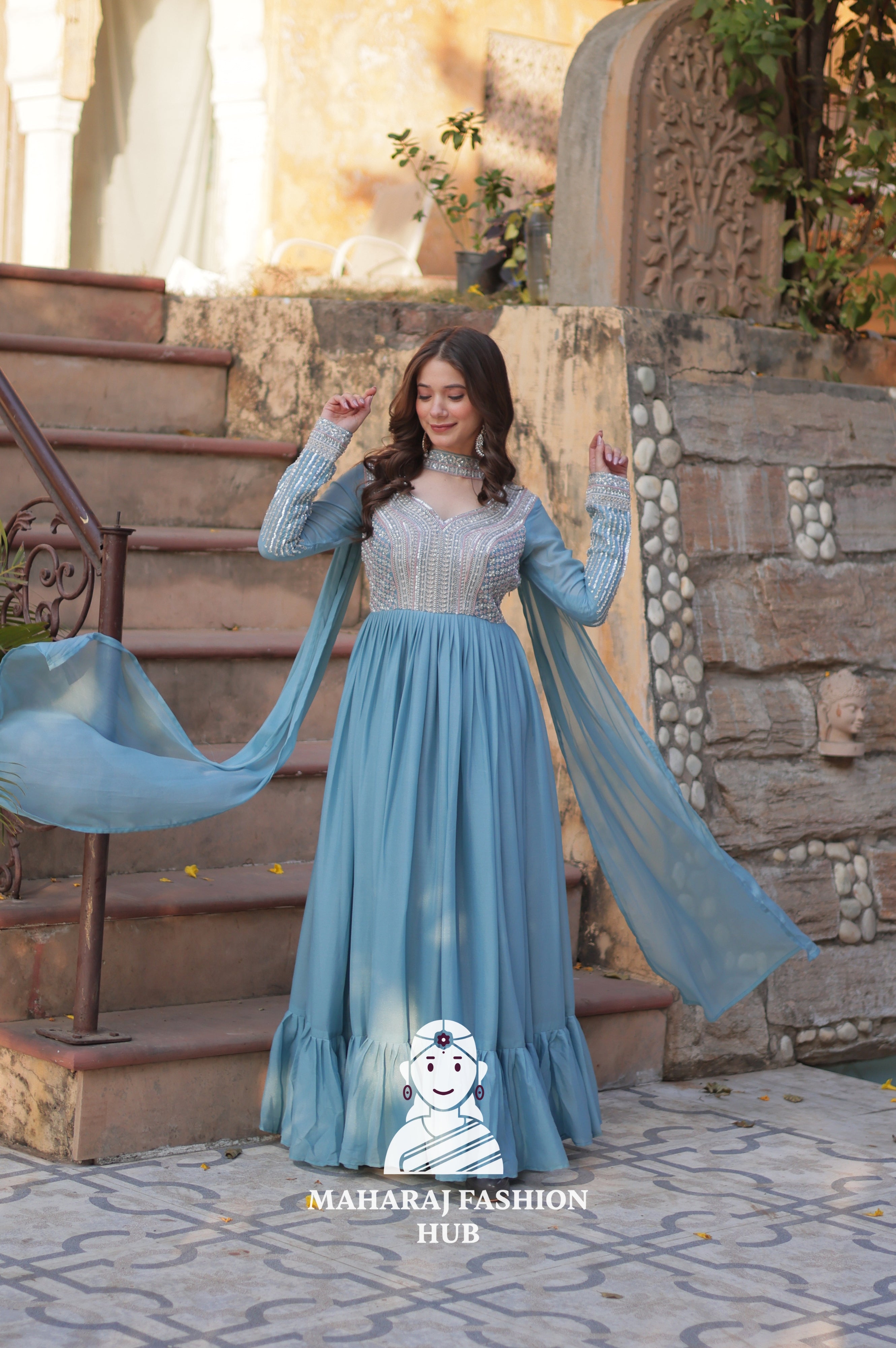 💫 Designer Gown in Star Georgette with Pan Neck & Full Embroidery - Special Designer Gown