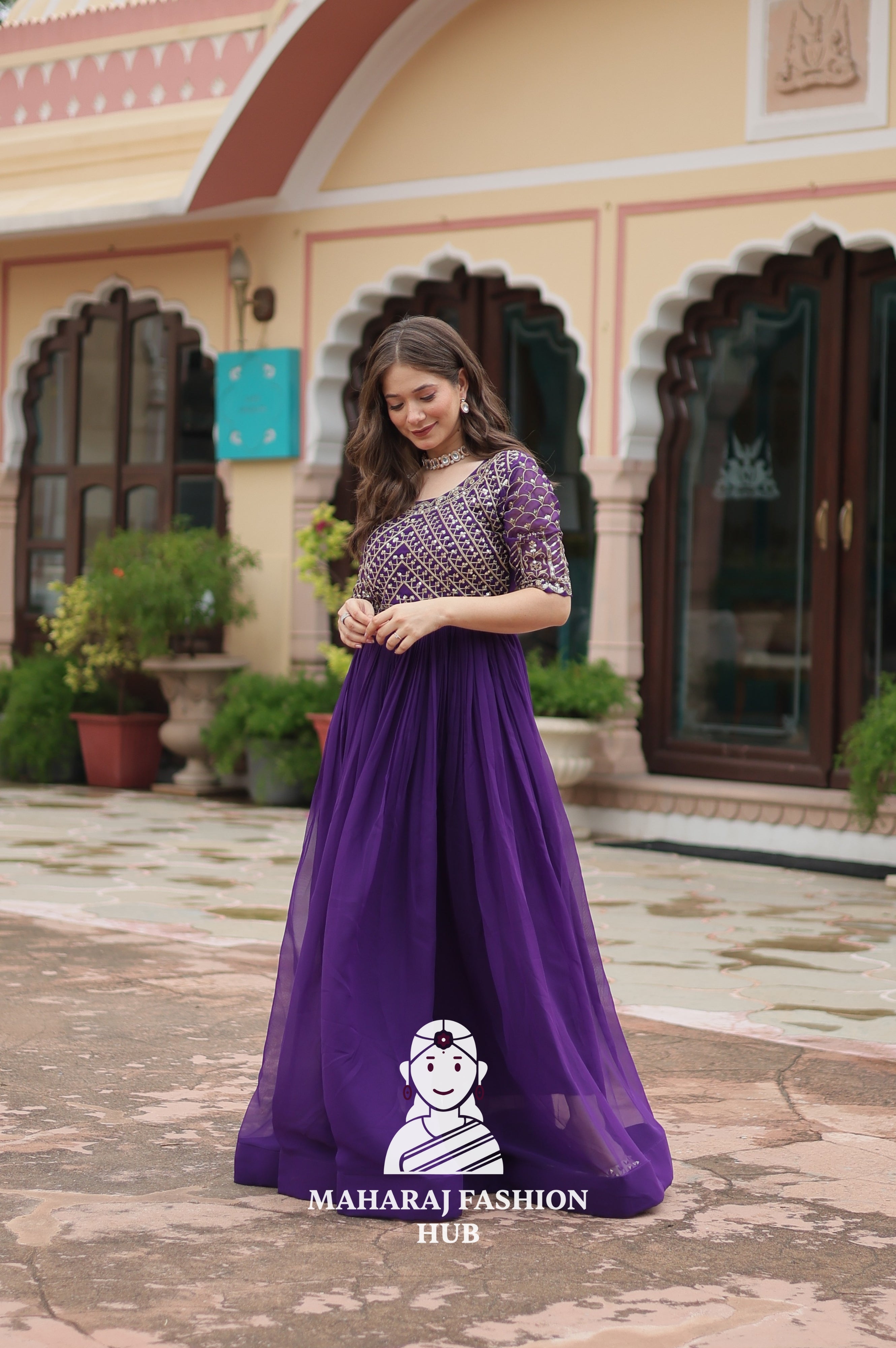 Designer Faux Blooming Gown with Zari Sequins Detailing