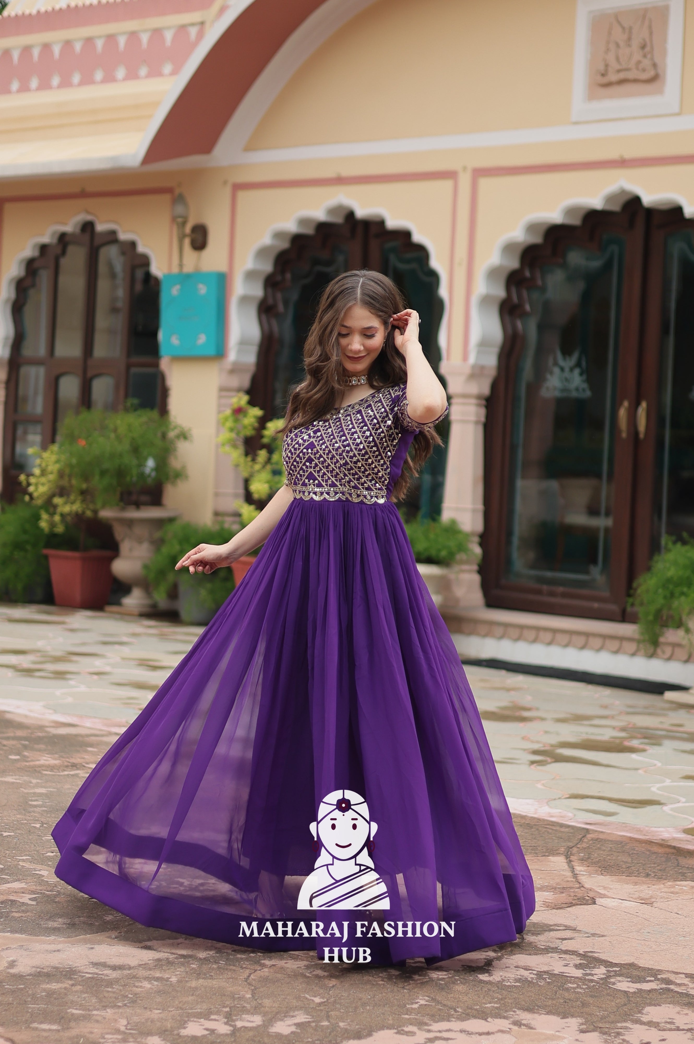Designer Faux Blooming Gown with Zari Sequins Detailing