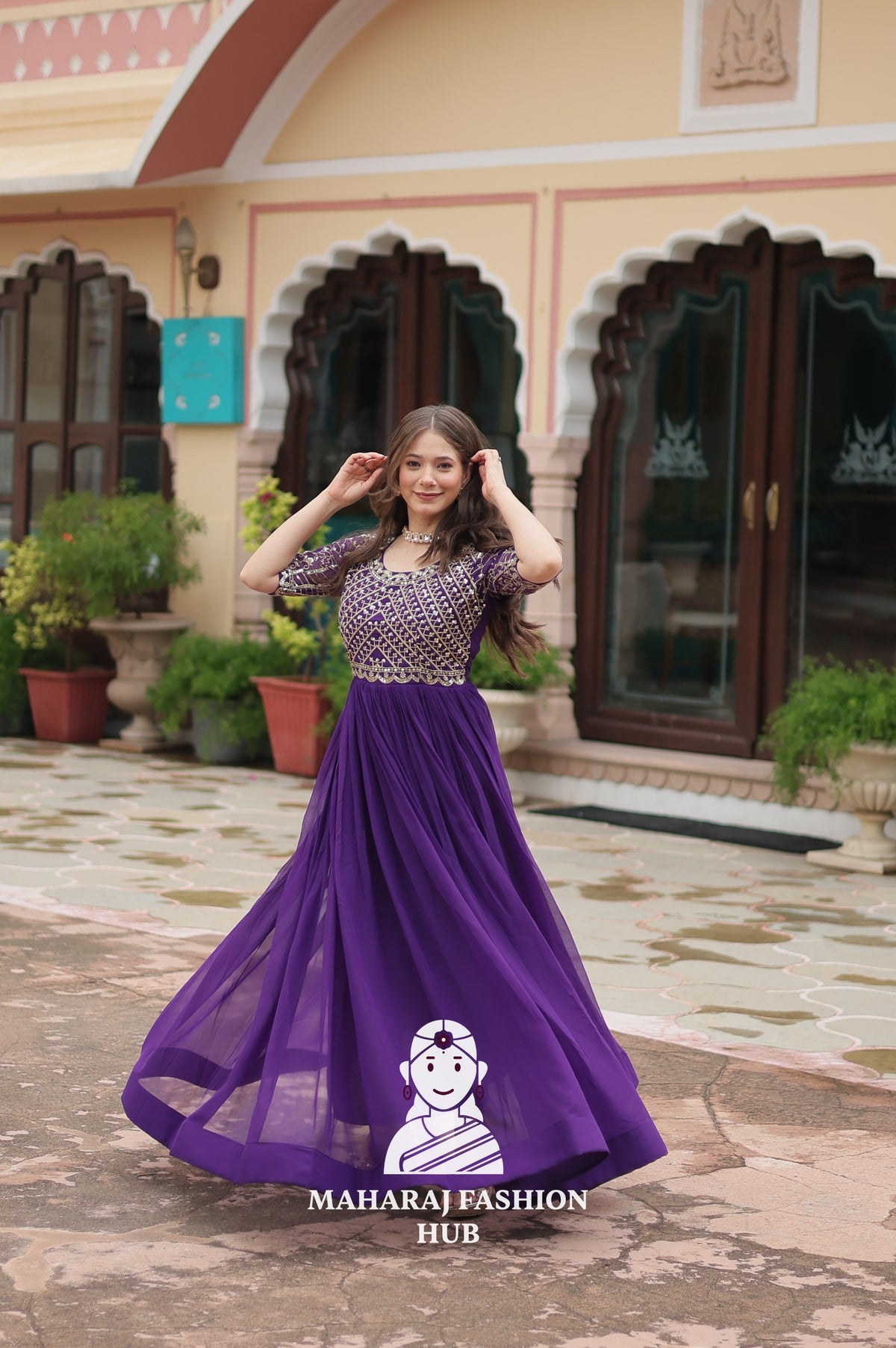 Designer Faux Blooming Gown with Zari Sequins Detailing