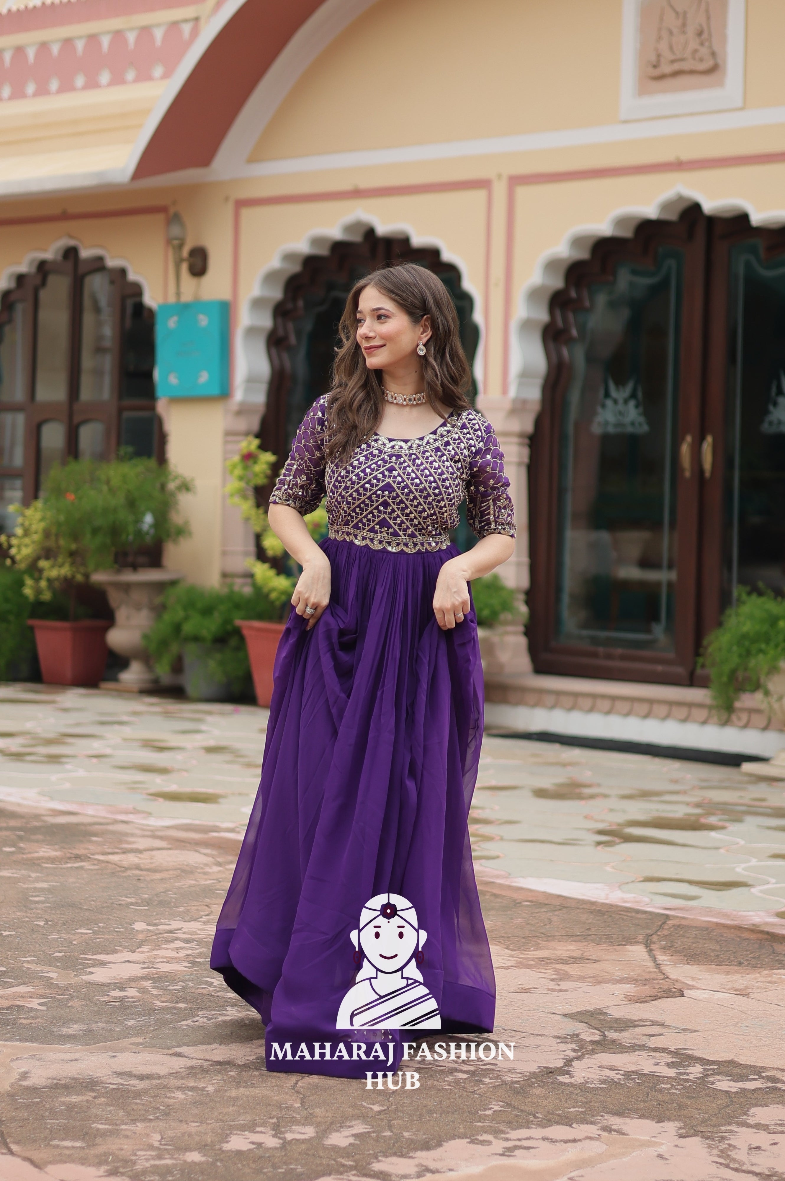 Designer Faux Blooming Gown with Zari Sequins Detailing