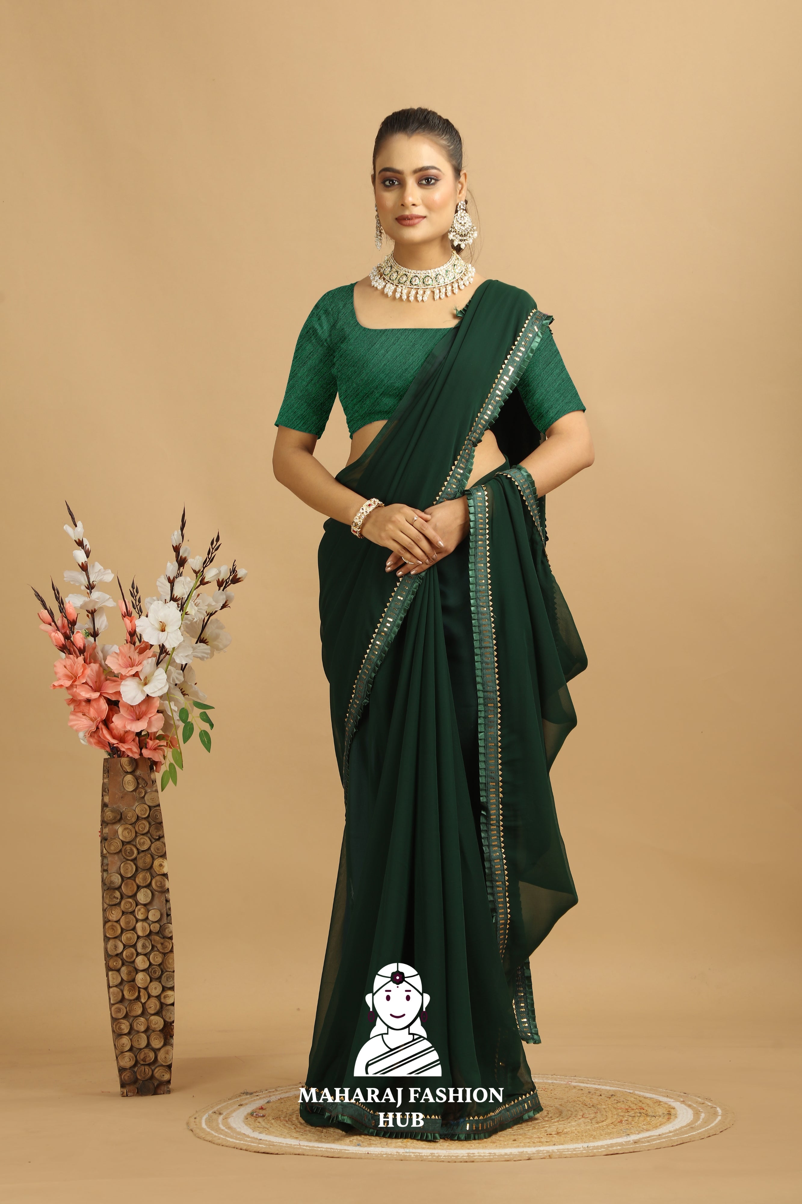 Maharaj Fashion Hub Women's Georgette Saree – Graceful Prints for Cultural Celebrations