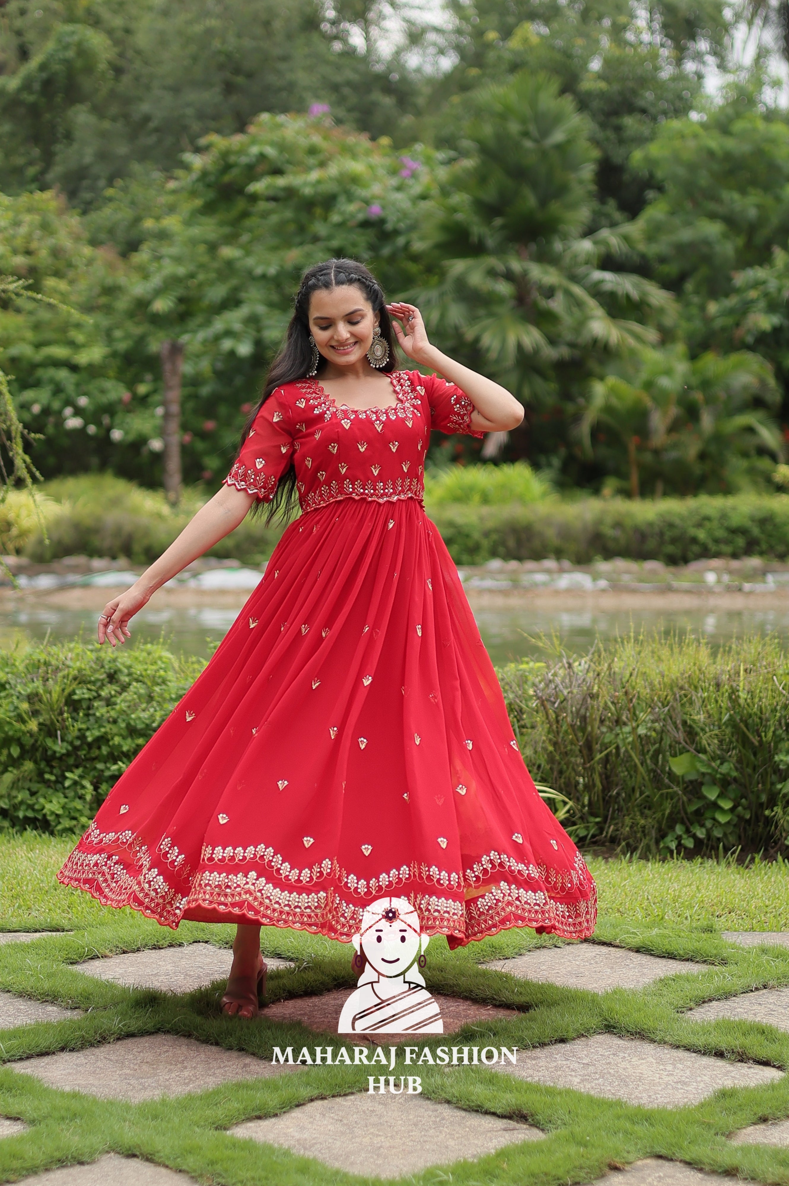 Sequins Embroidered Fabric Gown with Stylish Square Neck