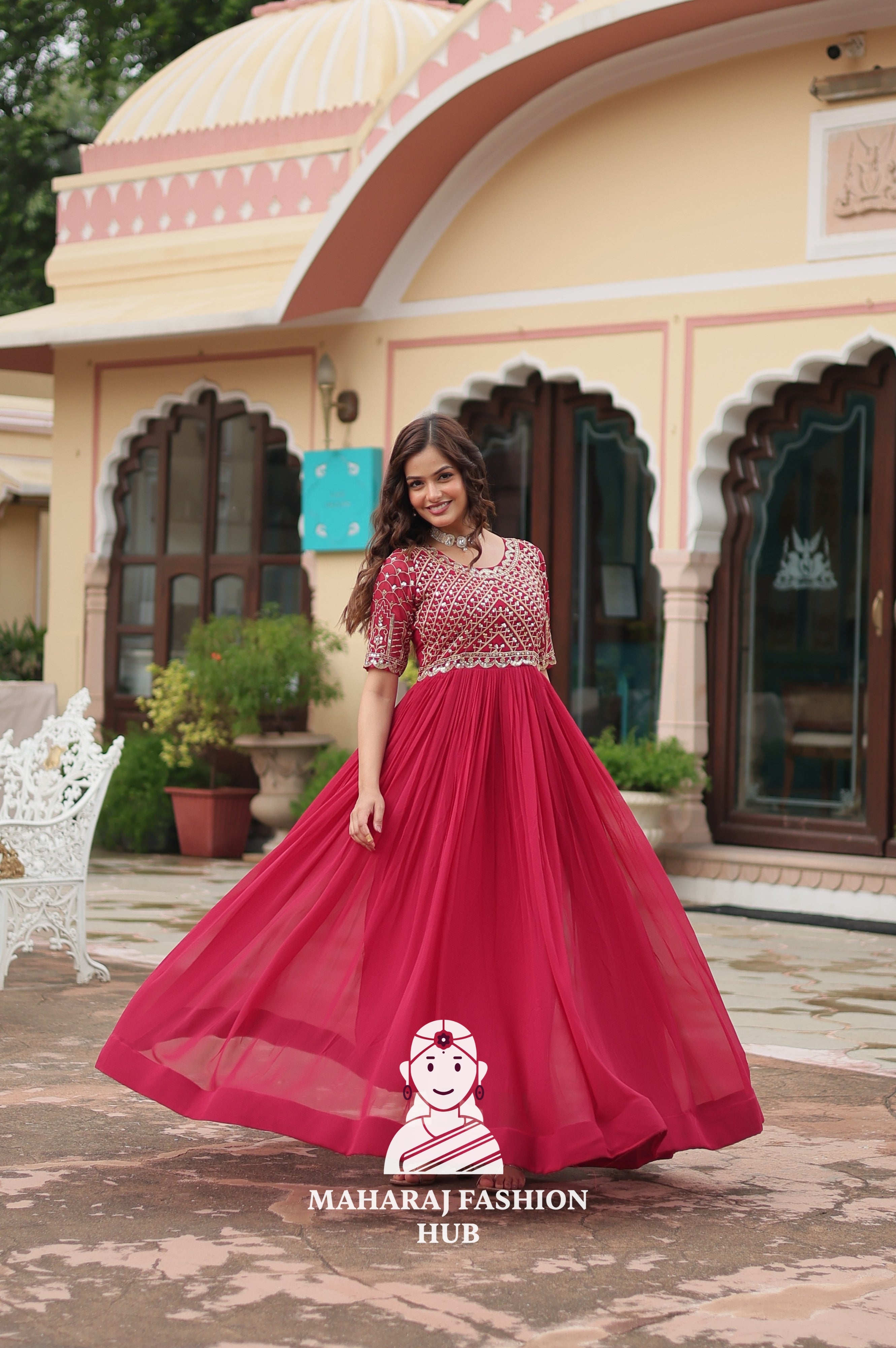 Beautiful Embroidered Faux Blooming Gown with Cotton Lining
