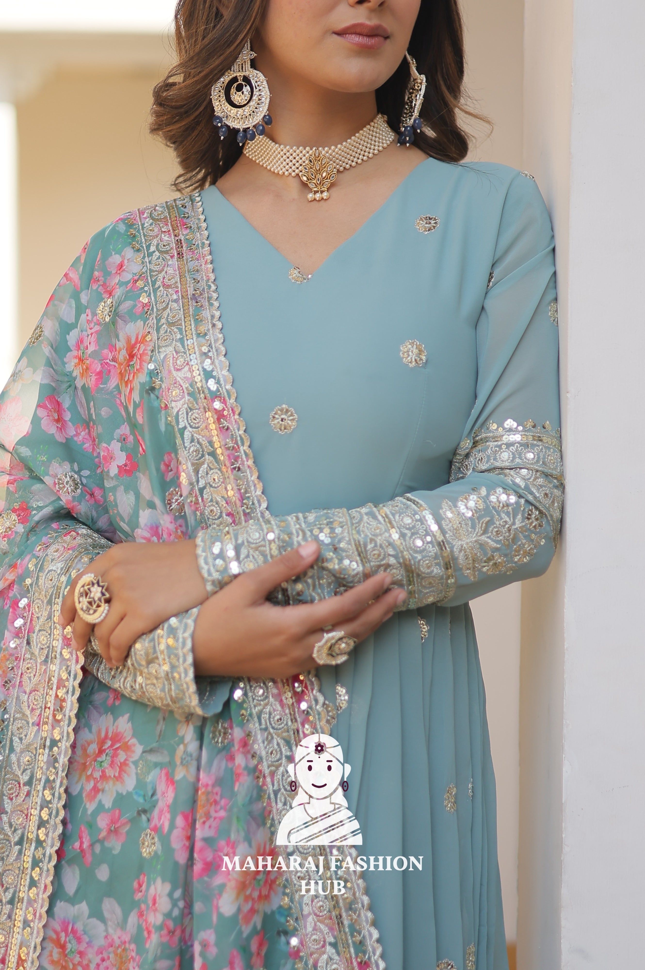 V Neck Faux Georgette Gown with Full Sleeves and Embroidered Silk Dupatta