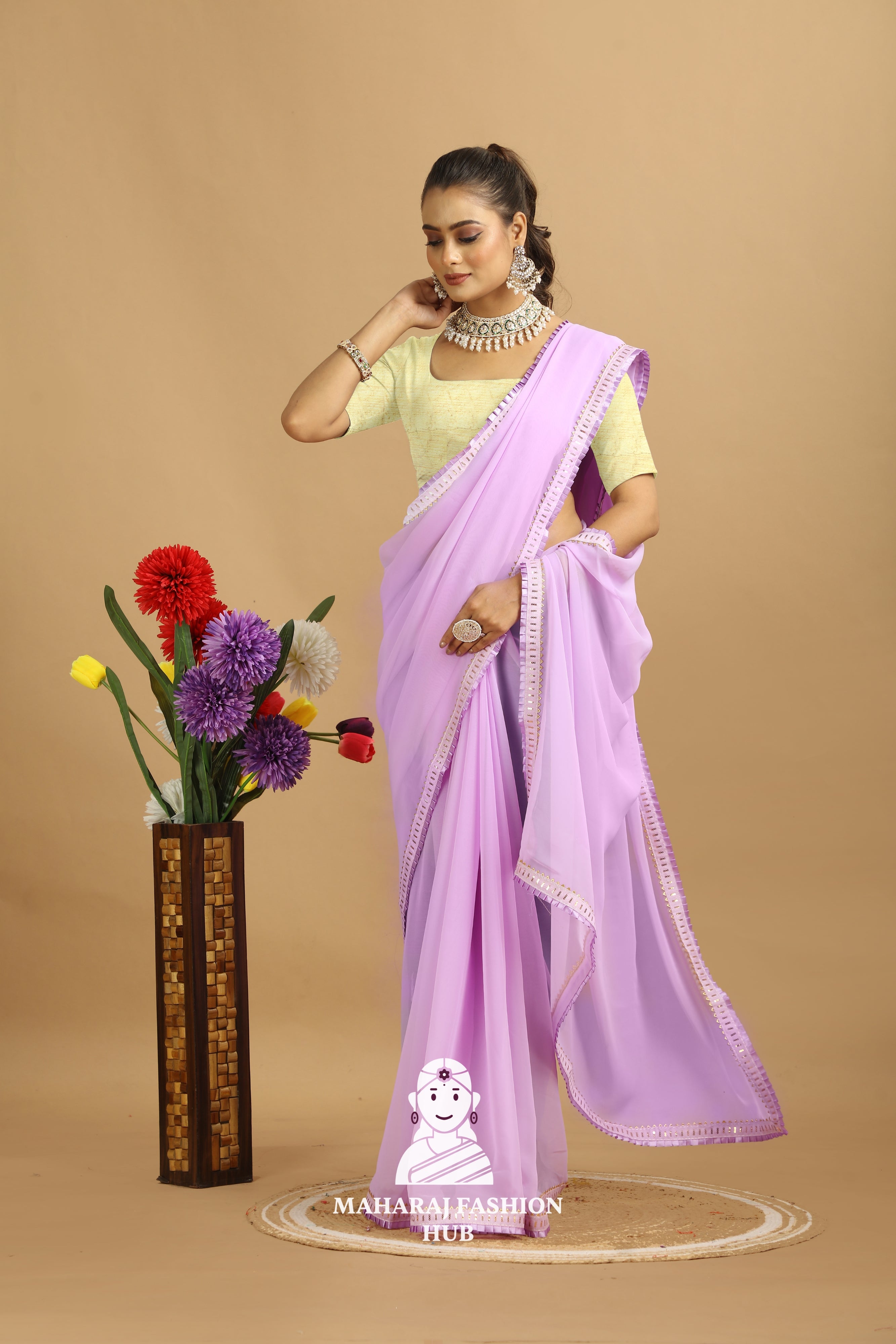Maharaj Fashion Hub Women's Georgette Saree – Graceful Prints for Cultural Celebrations