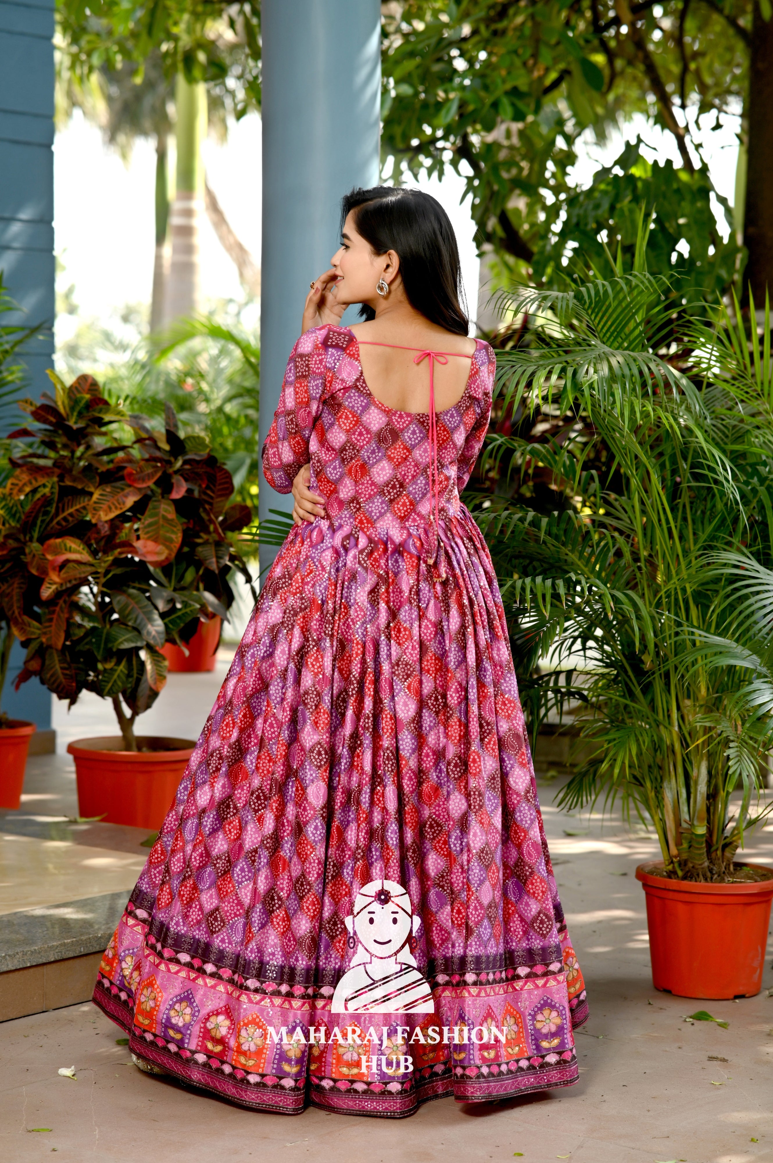 Premium Chinnon Anarkali Gown with Position Print & Stylish Waist Cut