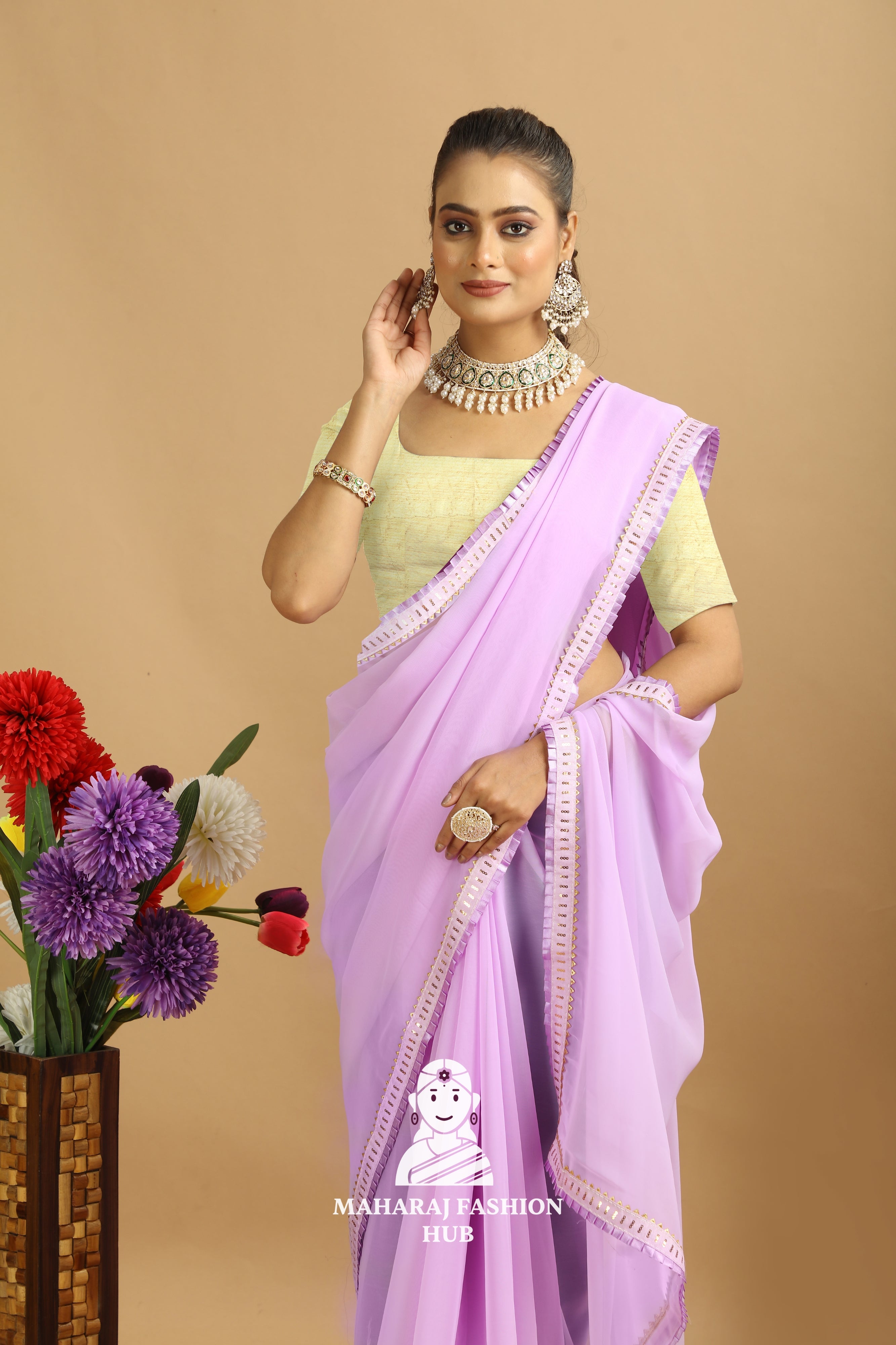 Maharaj Fashion Hub Women's Georgette Saree – Graceful Prints for Cultural Celebrations