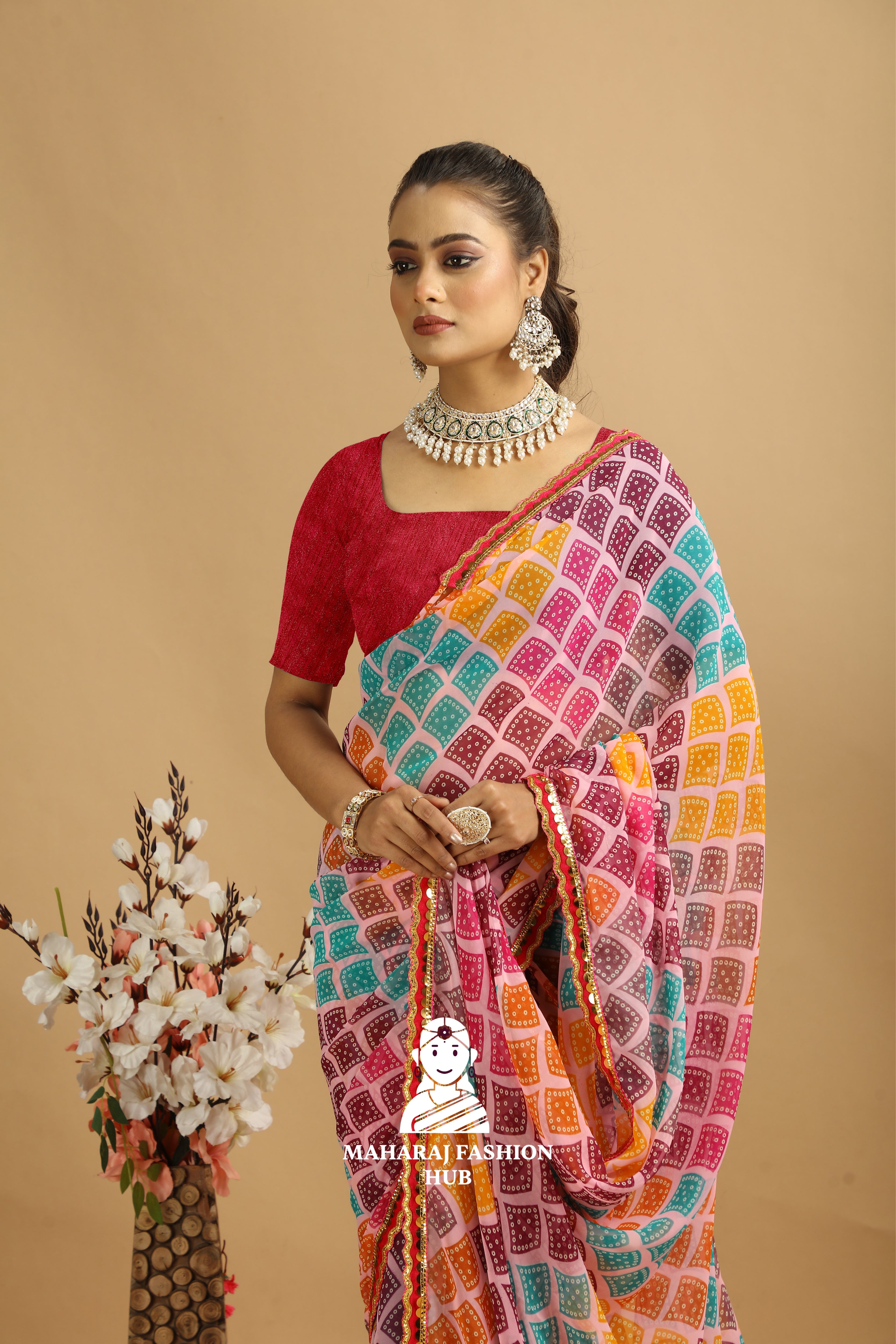 Maharaj Fashion Hub Festive Georgette Saree – Traditional Saree with Zari Border and Blouse Piece for Women