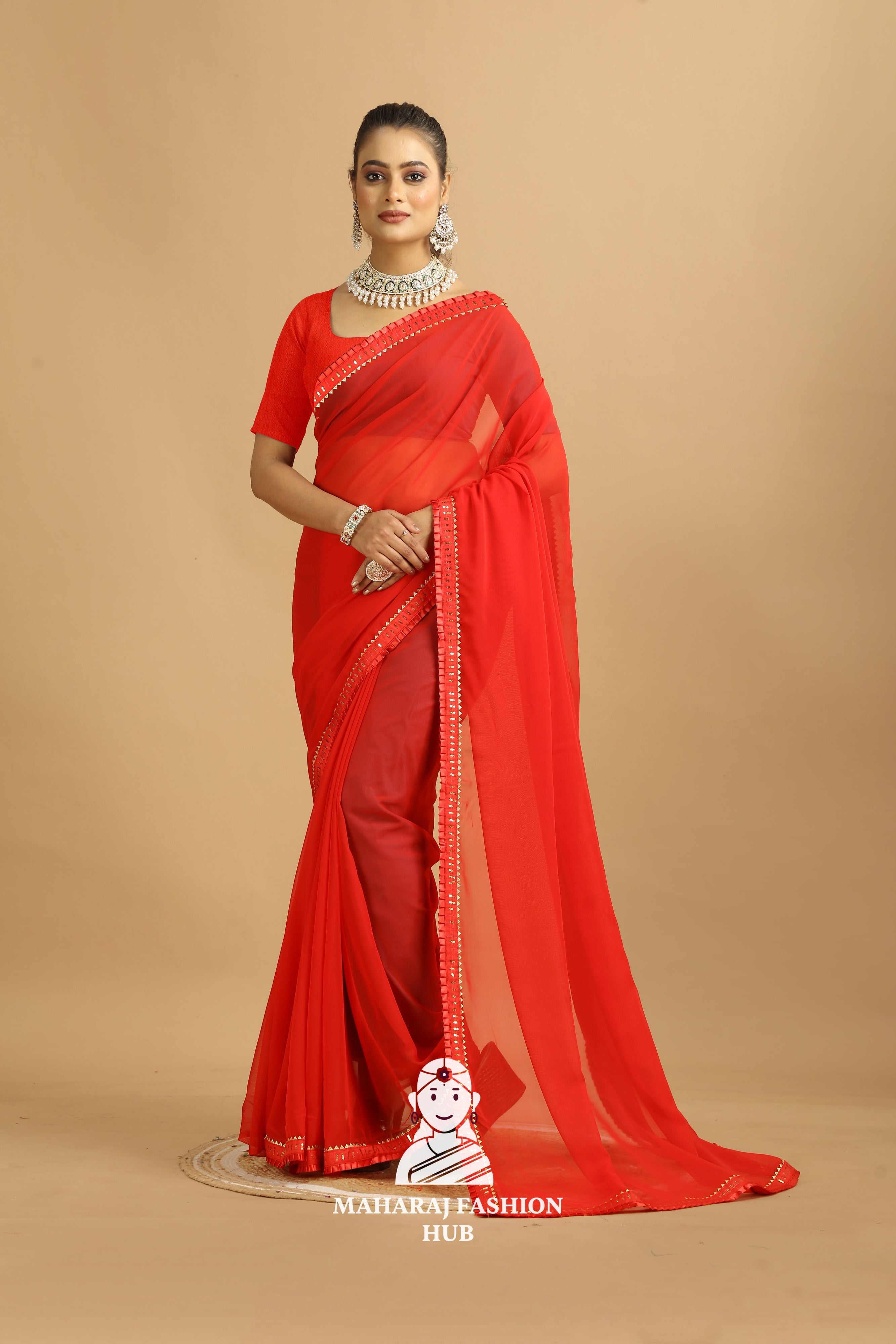 Maharaj Fashion Hub Women's Georgette Saree – Graceful Prints for Cultural Celebrations