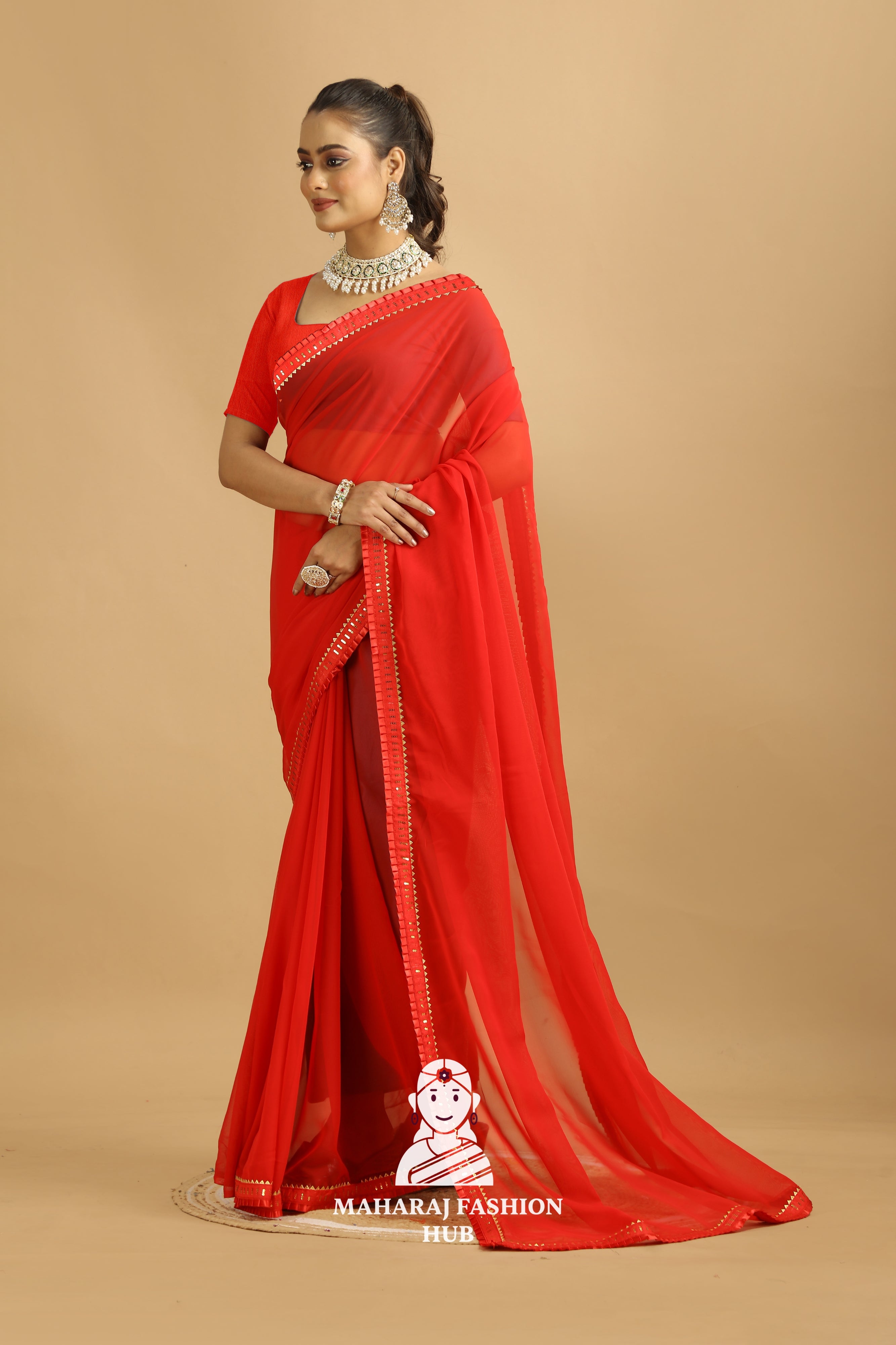 Maharaj Fashion Hub Women's Georgette Saree – Graceful Prints for Cultural Celebrations