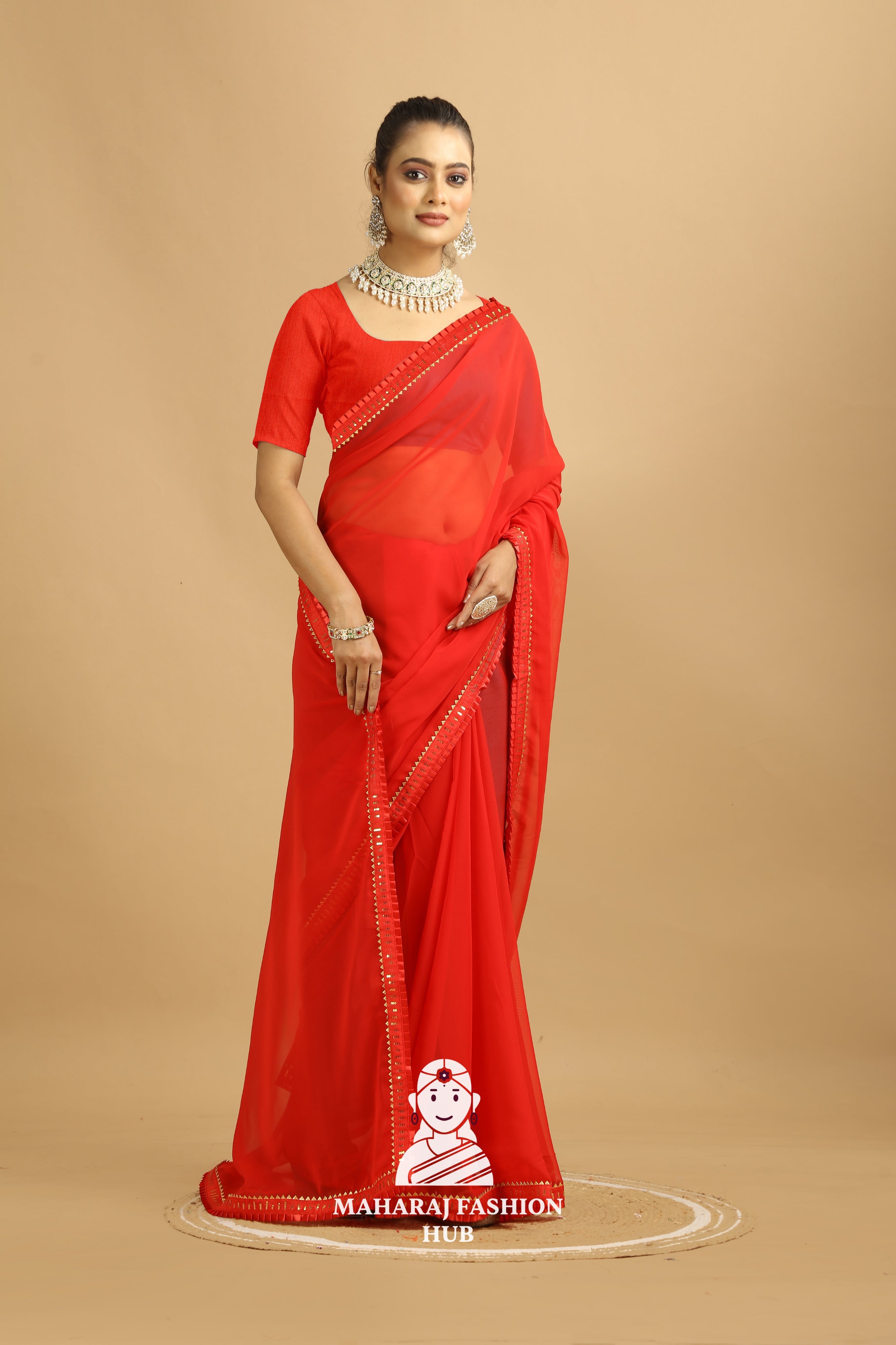 Maharaj Fashion Hub Women's Georgette Saree – Graceful Prints for Cultural Celebrations