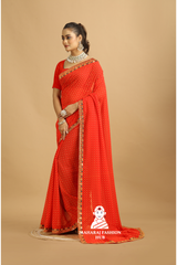 Arrival  Bandhani Red Saree with Flower less Border