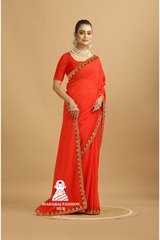 Arrival  Bandhani Red Saree with Flower less Border