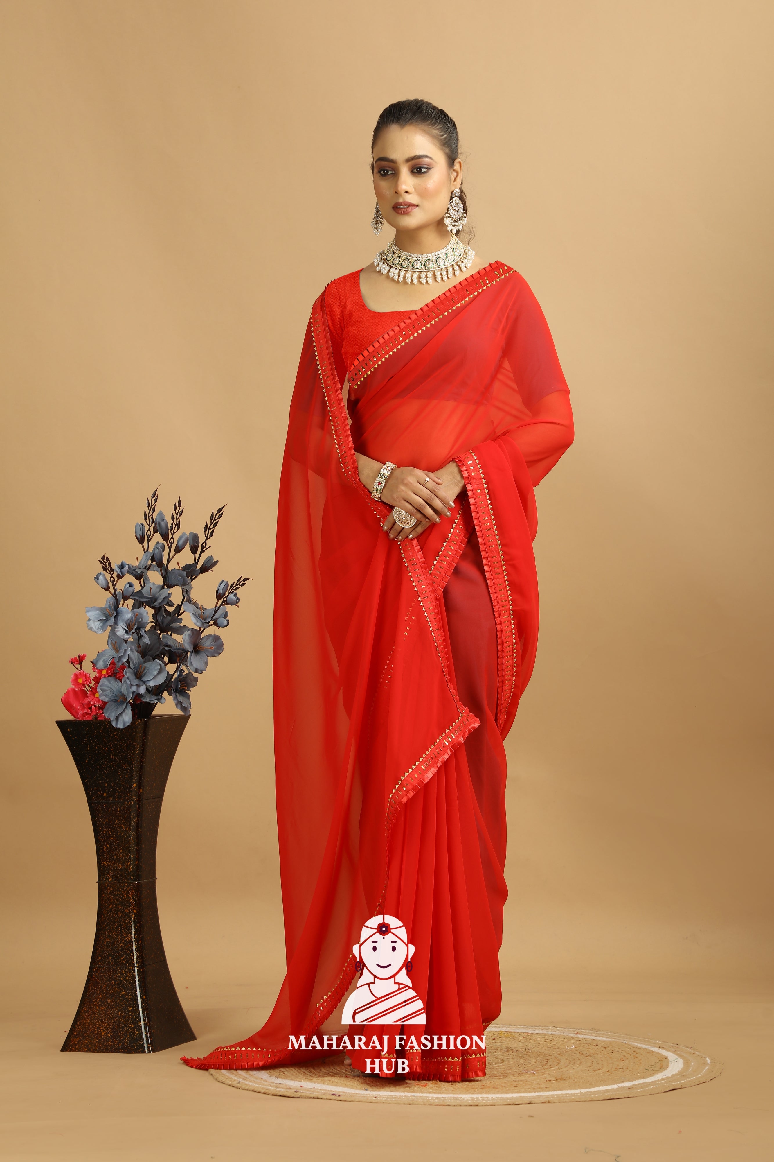 Maharaj Fashion Hub Women's Georgette Saree – Graceful Prints for Cultural Celebrations