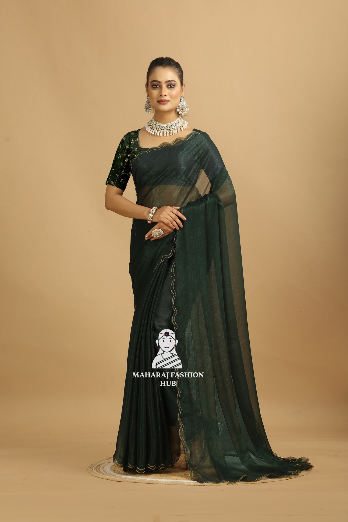 ✨ Elegant Dark Green Embroidered Saree with 5.5 Meter Length | 1 Meter Embroidery Blouse | Double Arco Border ✨