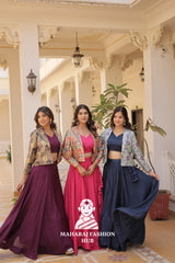 Fancy Flair Chinnon Lehenga with Sleeveless Blouse and Stylish Jacquard Koti