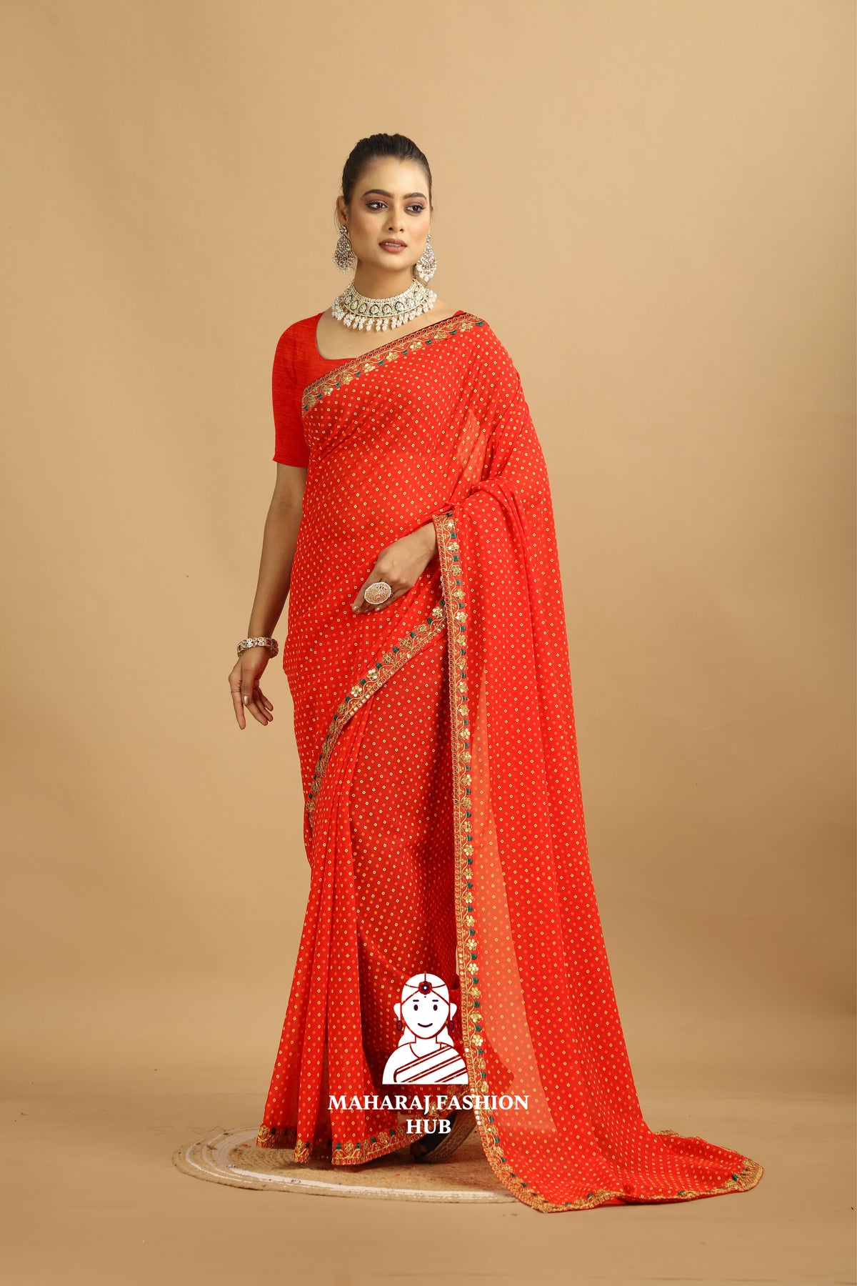 Maharaj Fashion Hub Stylish Georgette Saree – Trendy Digital Print Saree for Women with Contrast Blouse