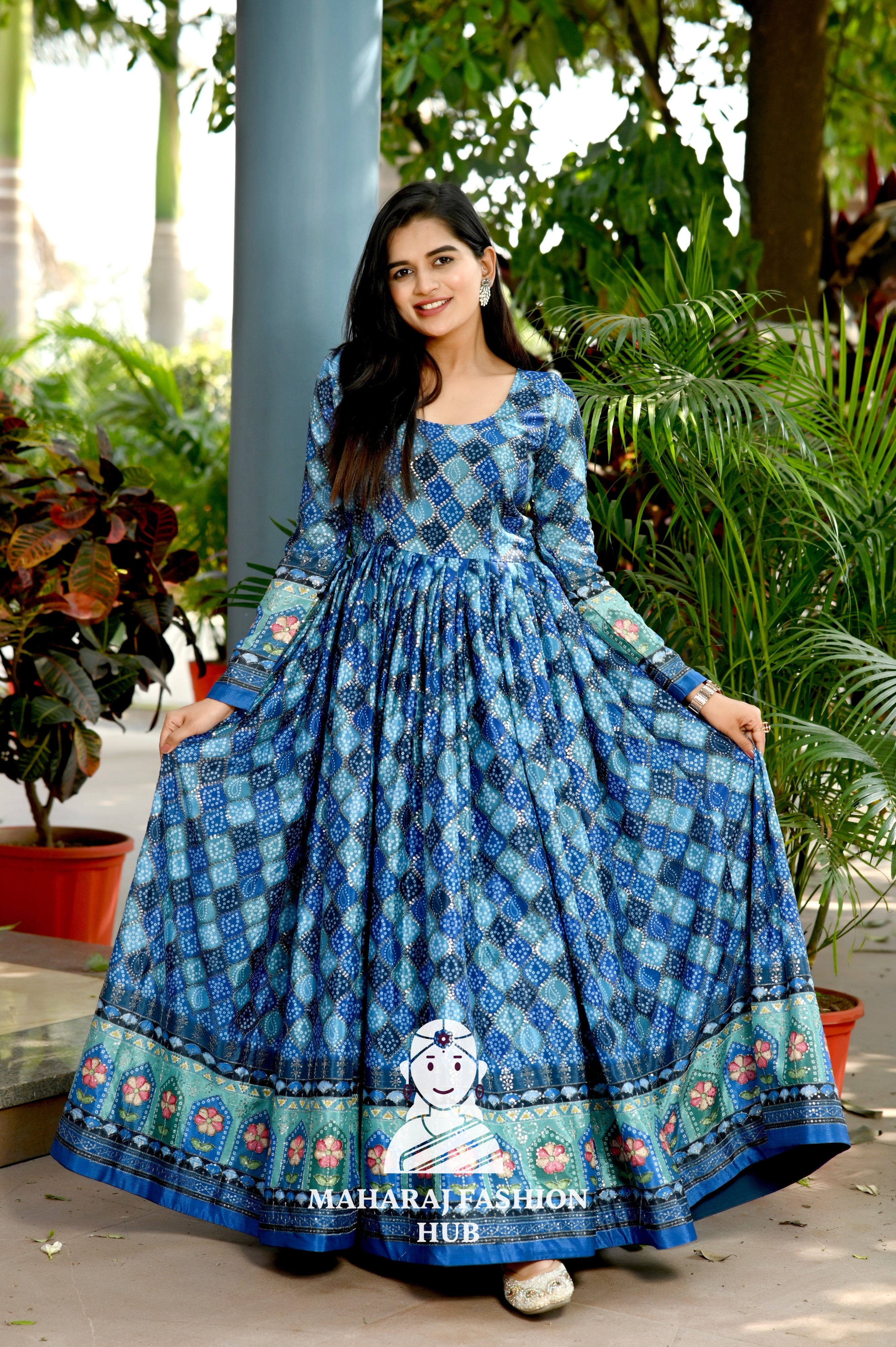 Premium Chinnon Anarkali Gown with Position Print & Stylish Waist Cut