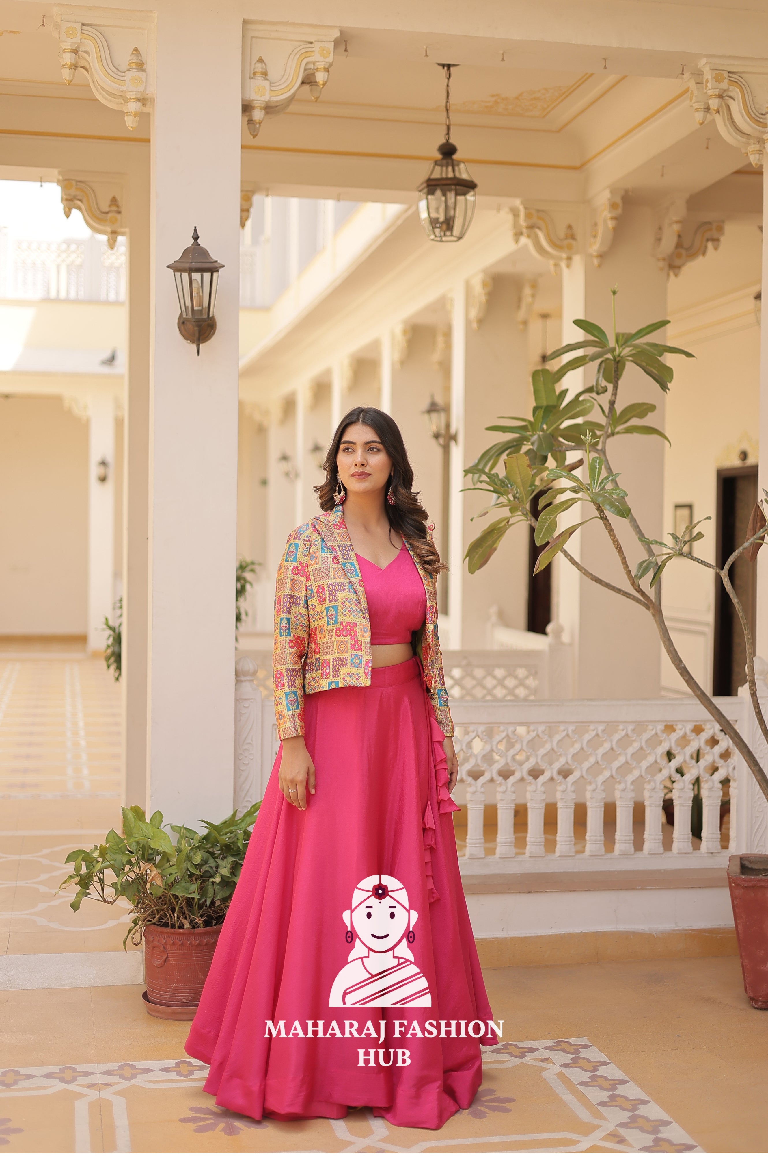 Fancy Flair Chinnon Lehenga with Sleeveless Blouse and Stylish Jacquard Koti