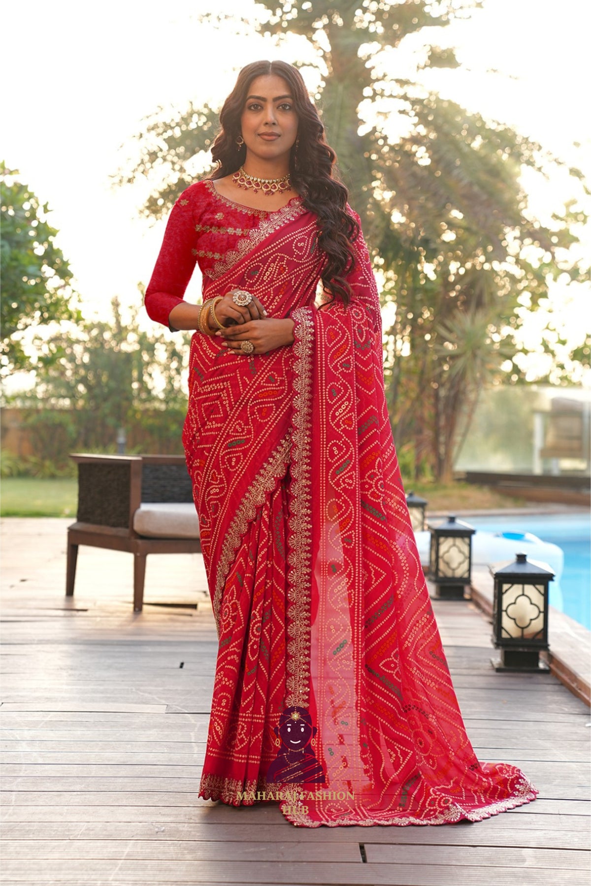 Maharaj Fashion Hub Women's Georgette Saree with Embroidered Lace Border – Ethnic Printed Saree for Festive & Wedding Wear