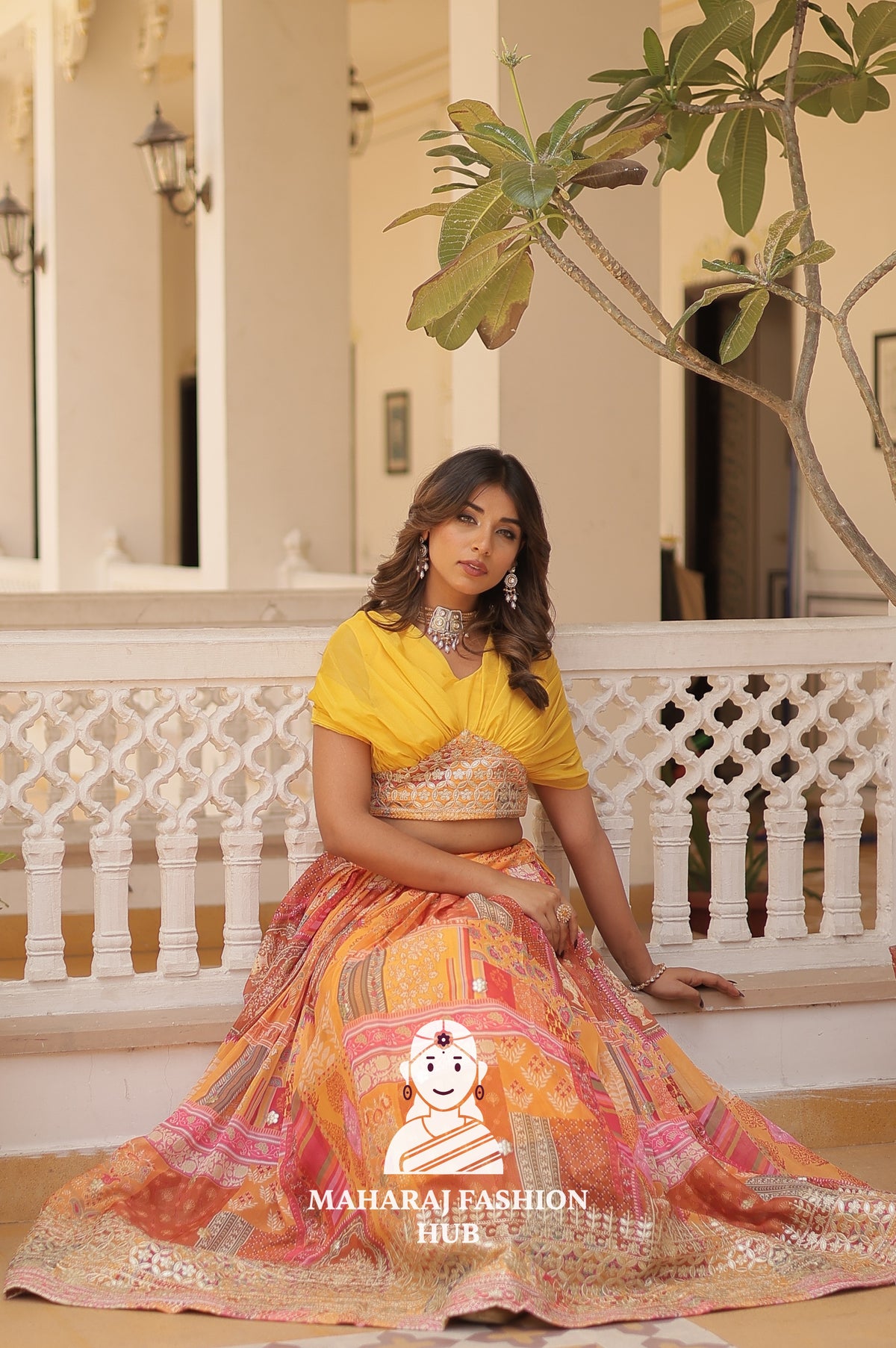 🌸 Timeless Beauty in Russian Silk – Digital Print & Foil Embroidered Lehenga Set