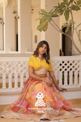 🌸 Timeless Beauty in Russian Silk – Digital Print & Foil Embroidered Lehenga Set