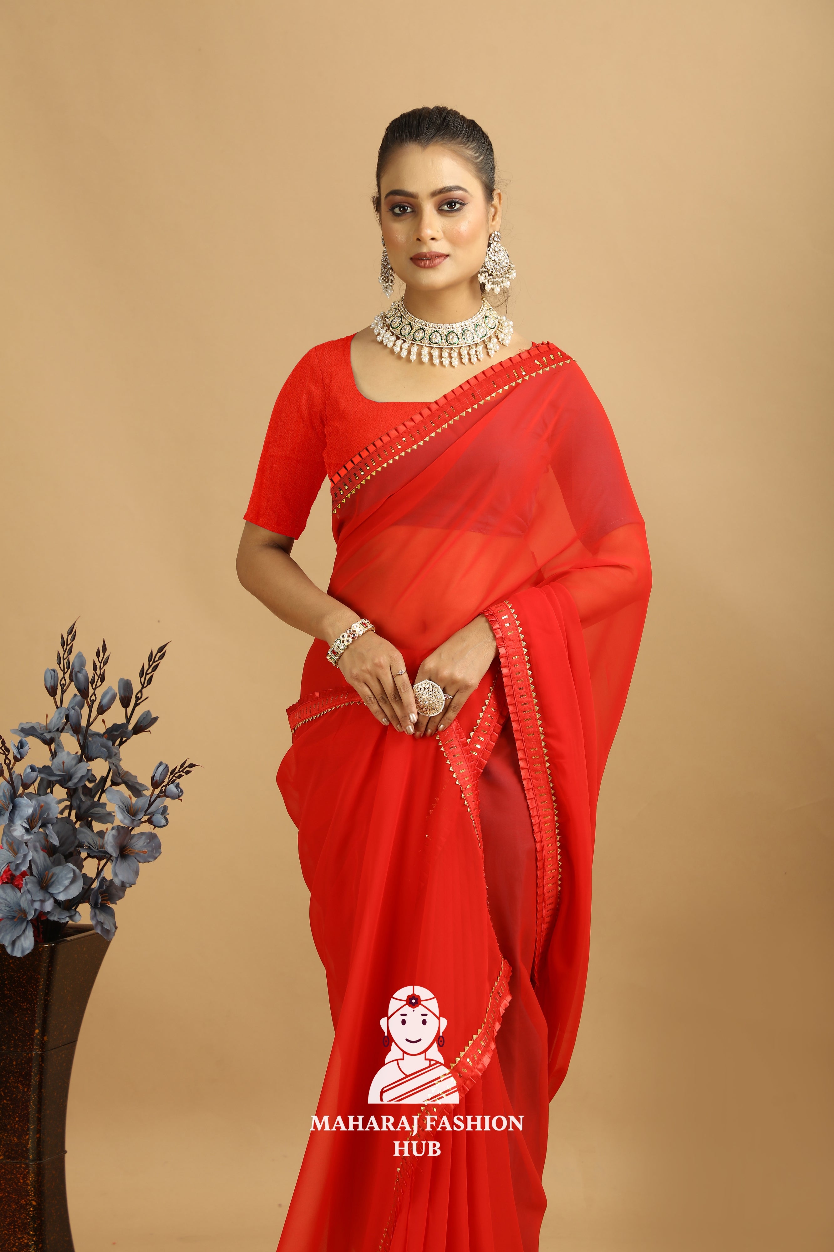 Maharaj Fashion Hub Women's Georgette Saree – Graceful Prints for Cultural Celebrations