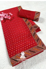 Stunning Red Wedding Saree (5.5m) with 1m Heavy Embroidered Blouse & Simple Blouse Piece