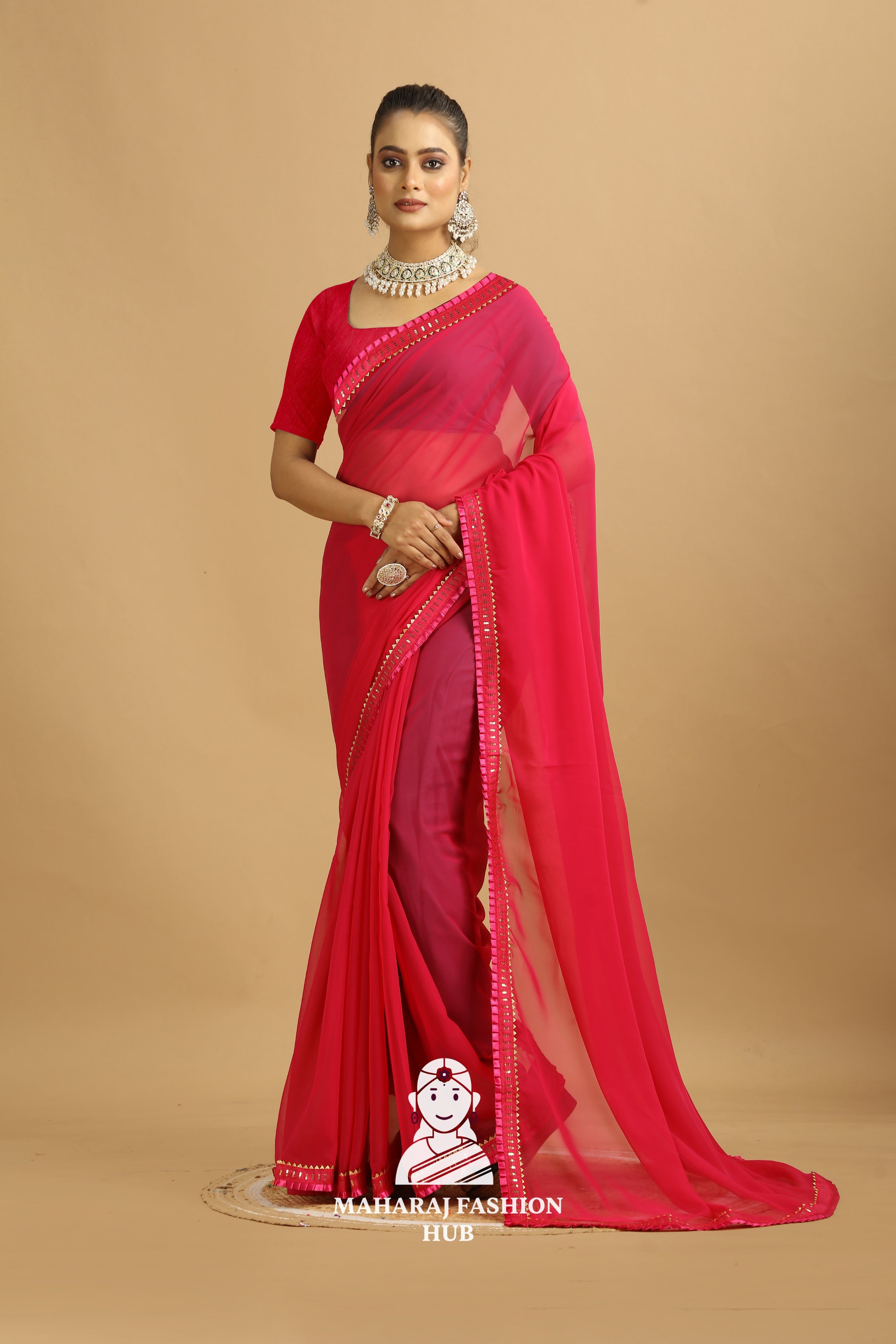 Maharaj Fashion Hub Women's Georgette Saree – Graceful Prints for Cultural Celebrations