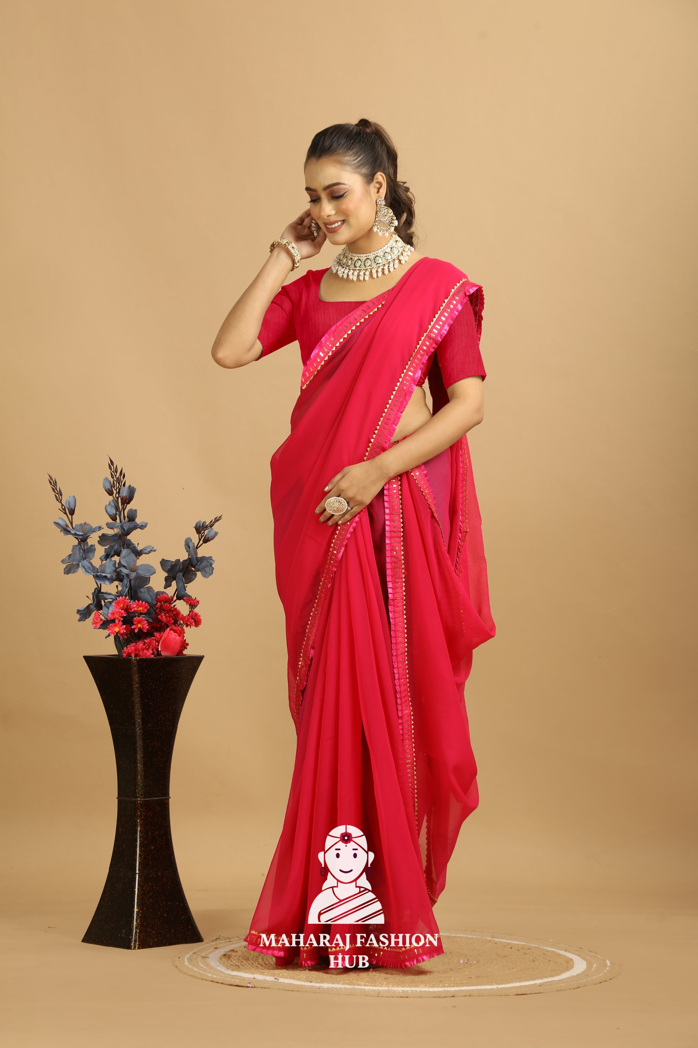 Maharaj Fashion Hub Women's Georgette Saree – Graceful Prints for Cultural Celebrations