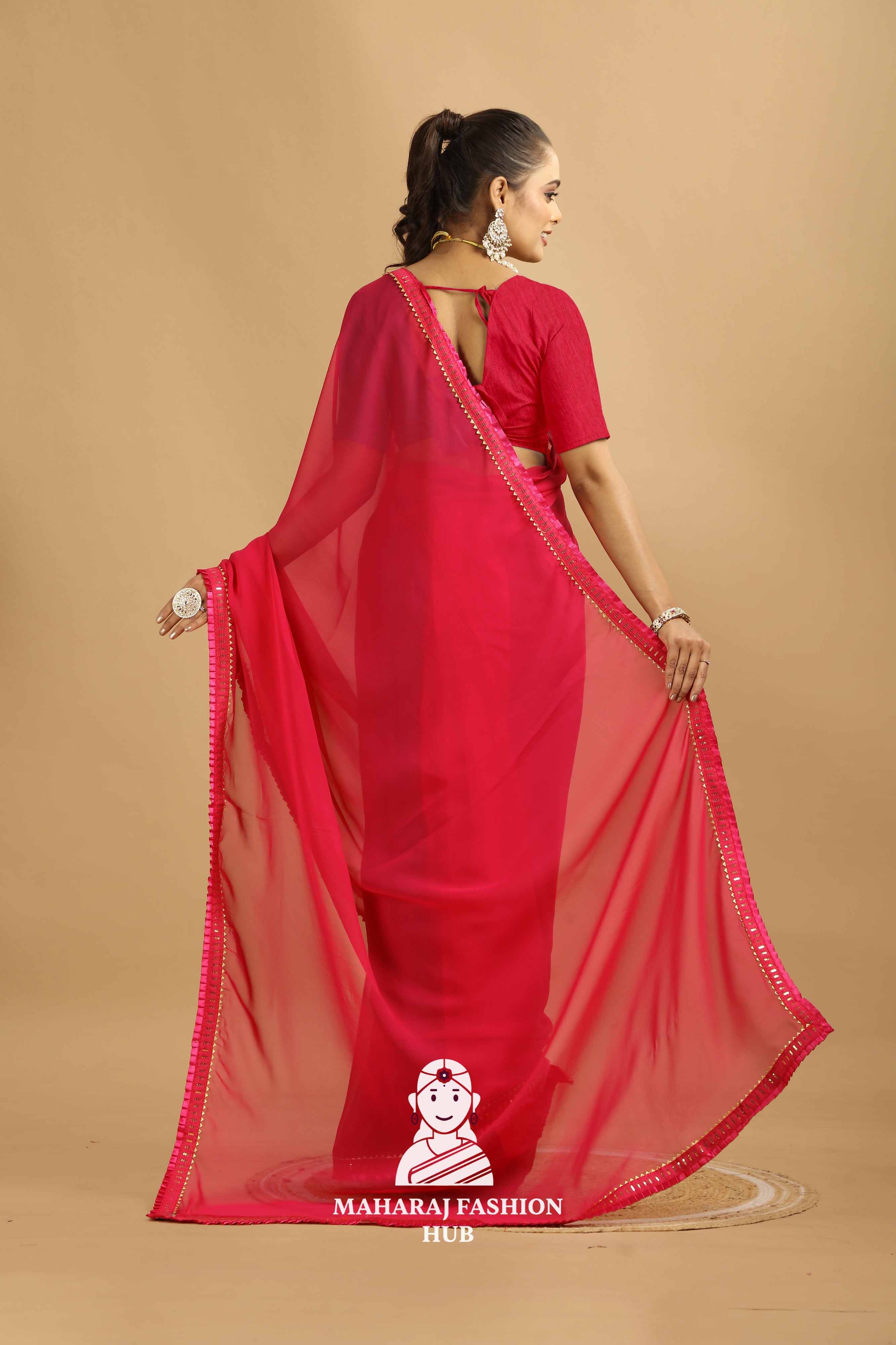 Maharaj Fashion Hub Women's Georgette Saree – Graceful Prints for Cultural Celebrations
