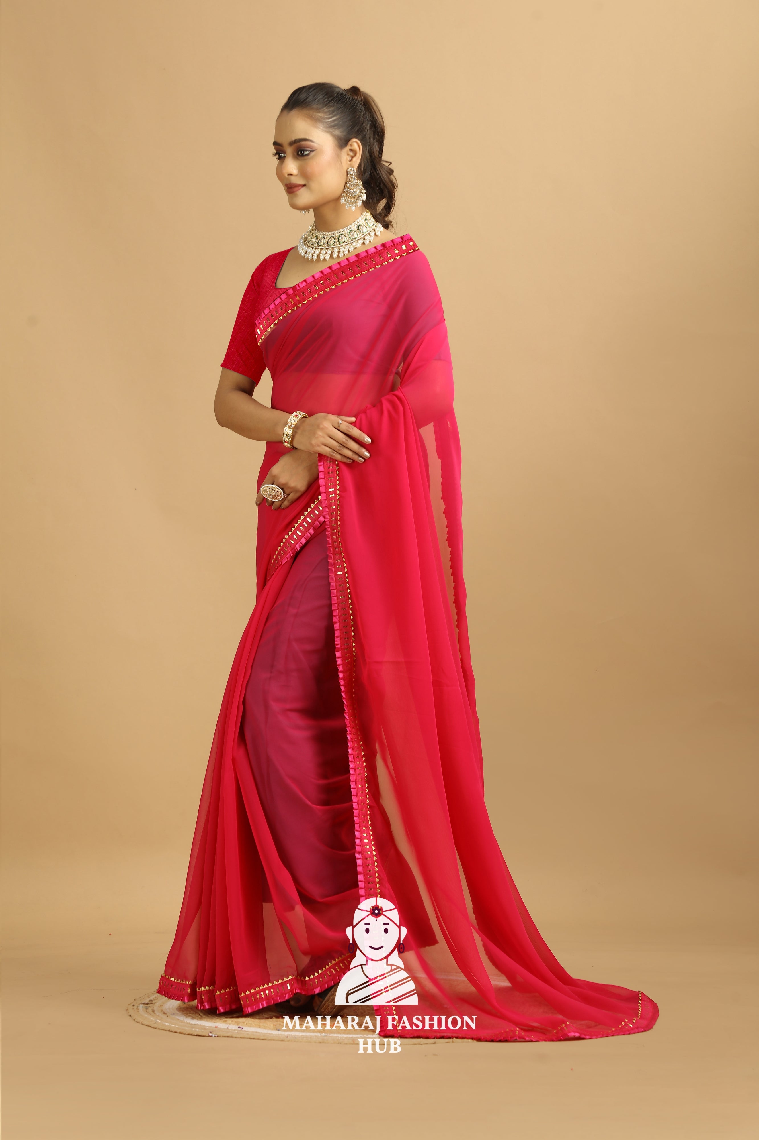 Maharaj Fashion Hub Women's Georgette Saree – Graceful Prints for Cultural Celebrations