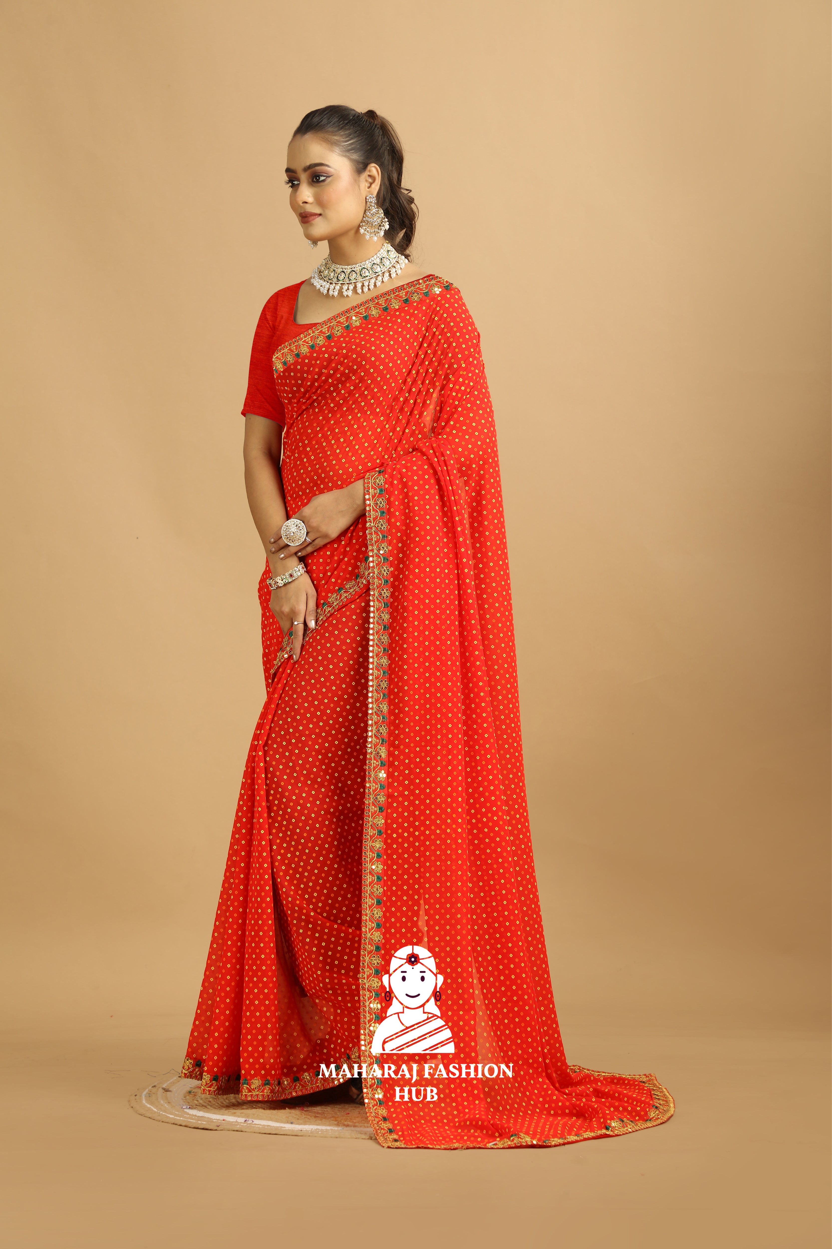 Maharaj Fashion Hub Stylish Georgette Saree – Trendy Digital Print Saree for Women with Contrast Blouse