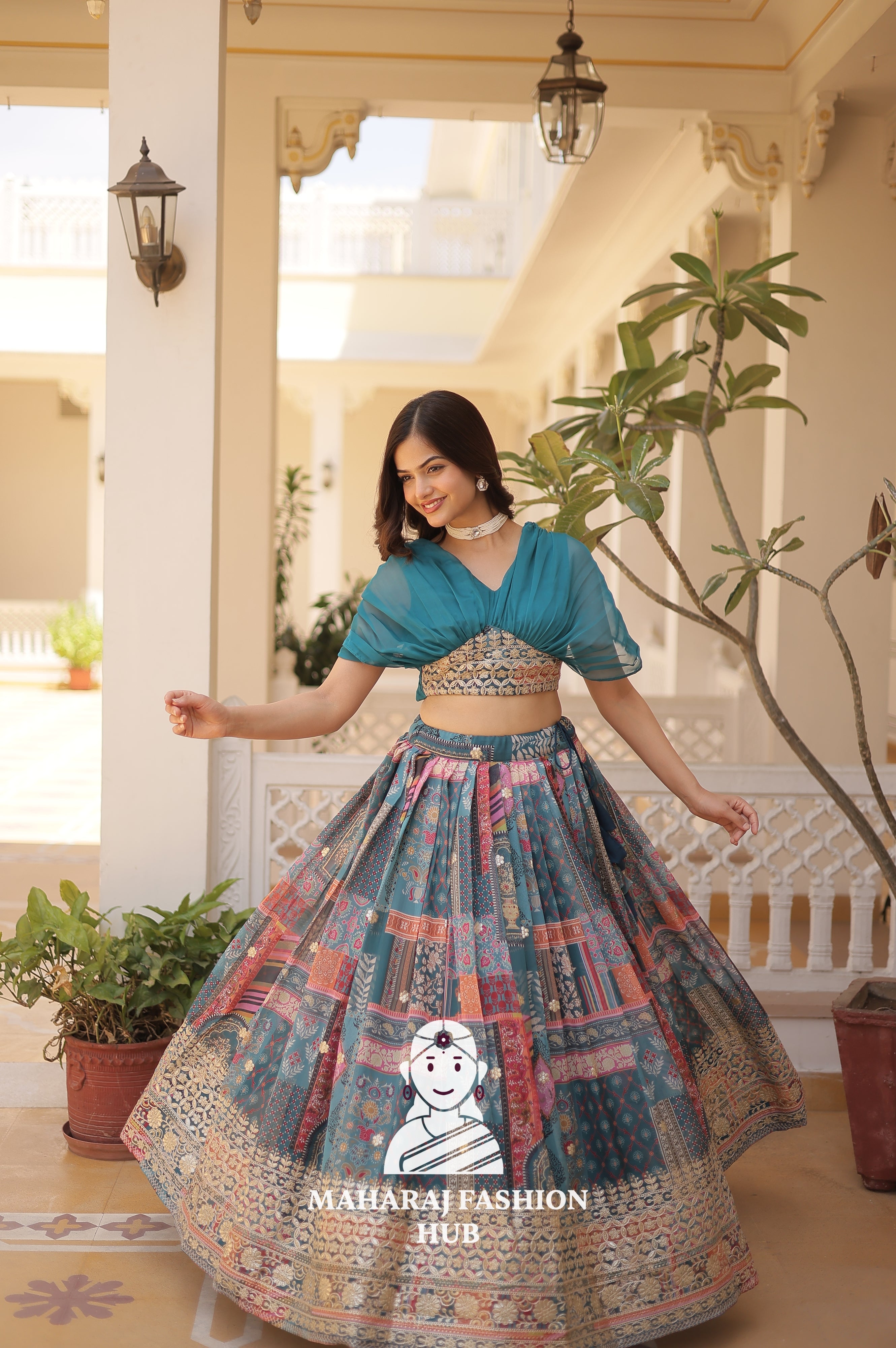 🌟 Elegant Russian Silk Lehenga Choli Set with Digital Print & Foil Embroidery Work