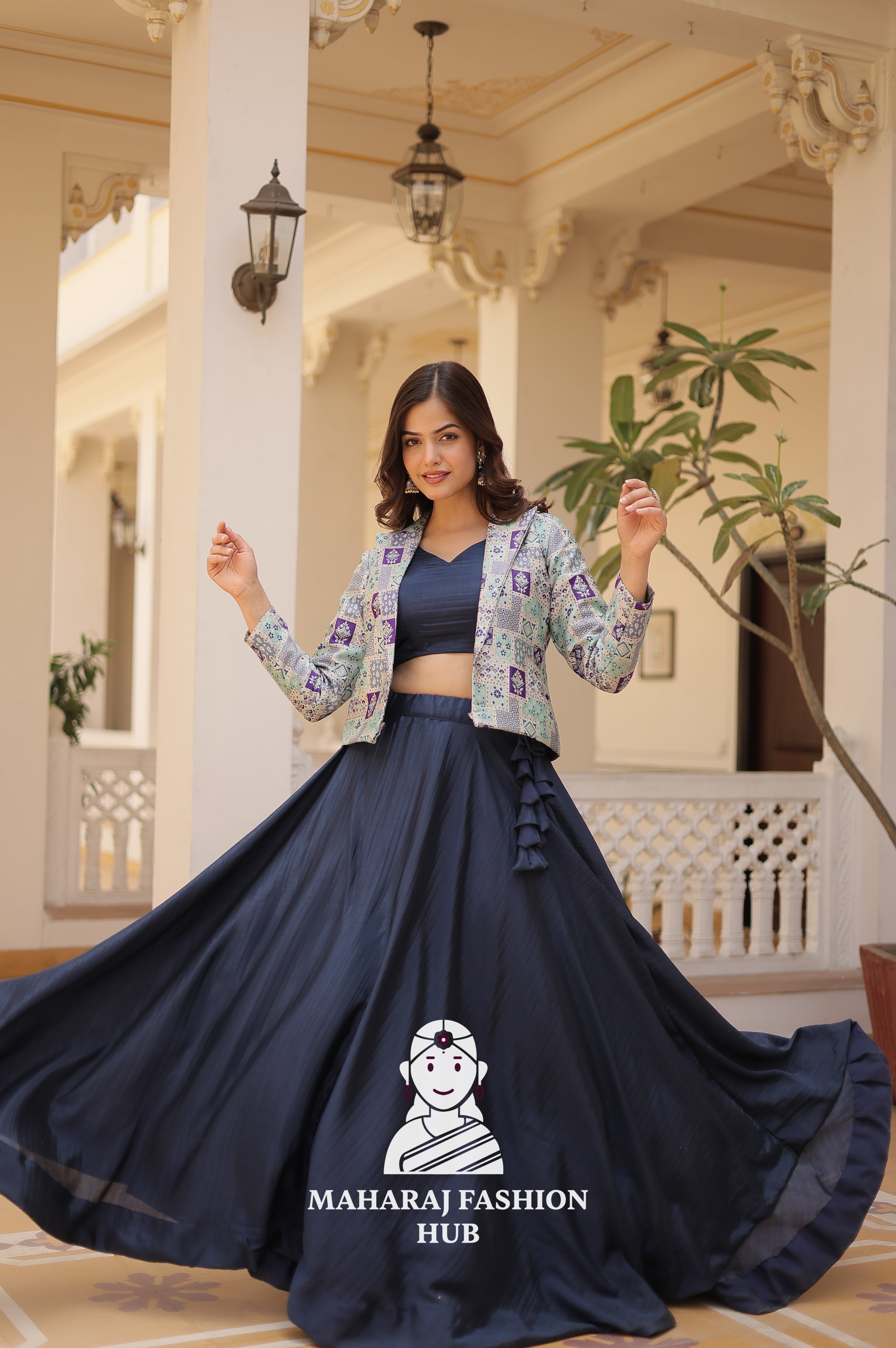🌟 Premium Full-Stitched Chinnon Lehenga Set with Sleeveless Blouse & Long Koti